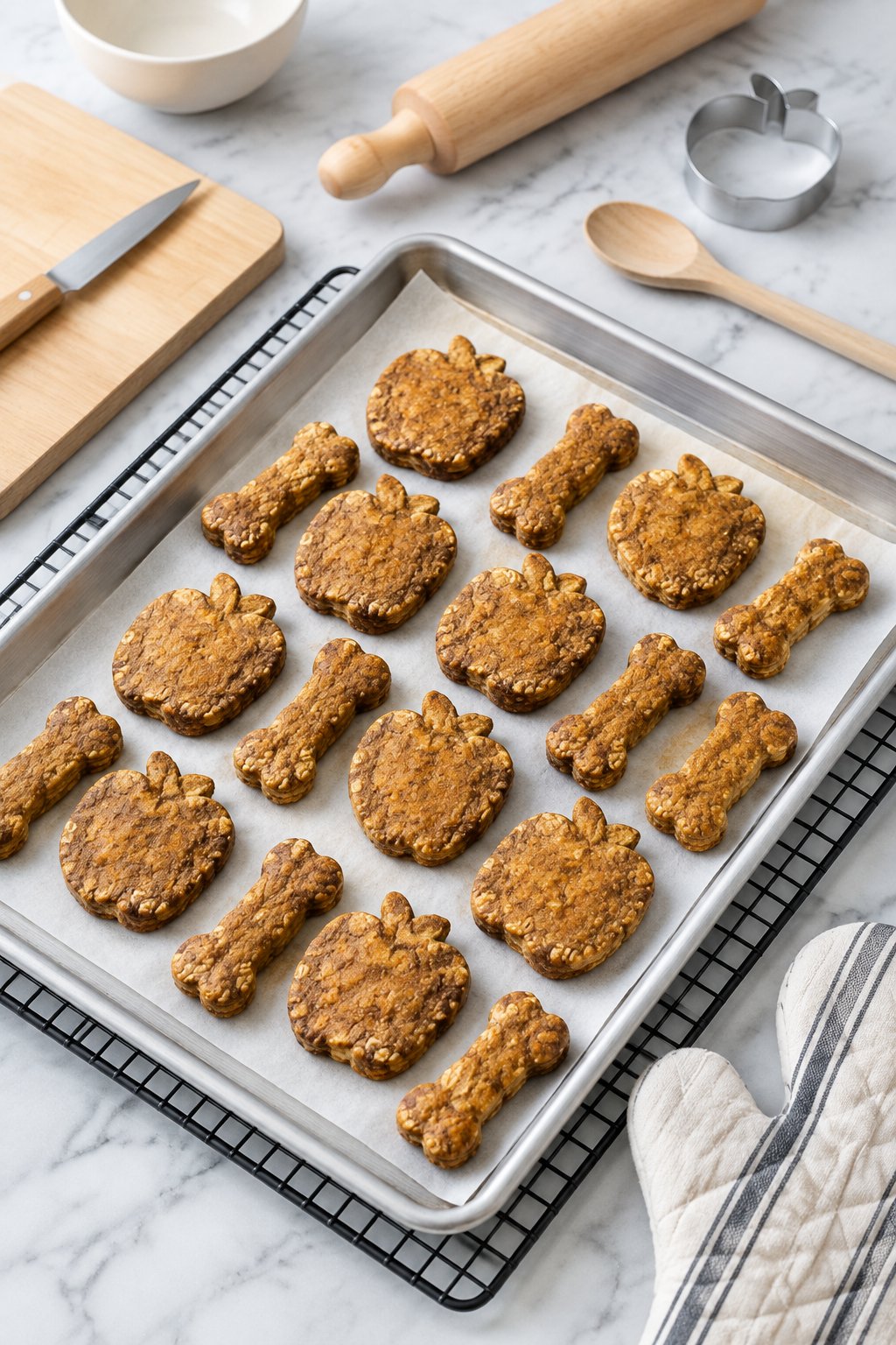 The baking sheet of golden-brown baked apple cinnamon treats on a trivet, oven mitt beside it.
