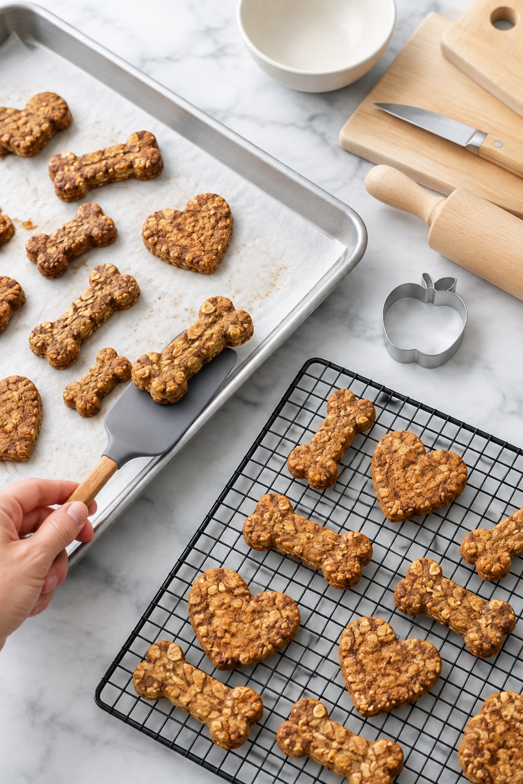 A spatula moving baked apple cinnamon treats onto a black wire cooling rack.