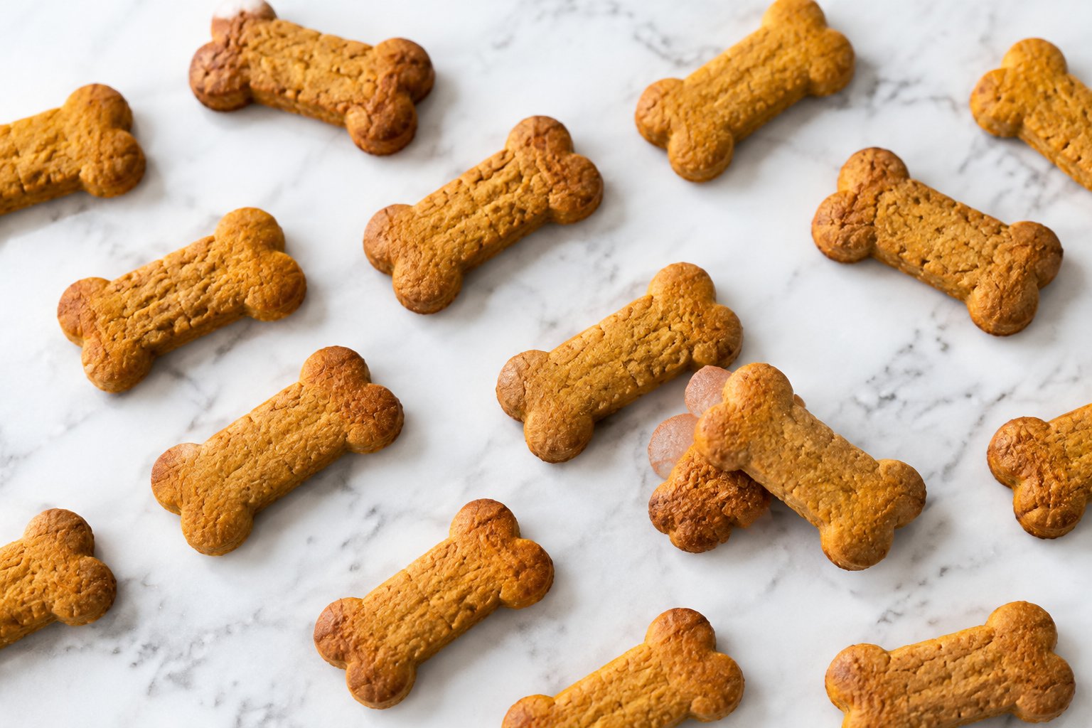 Finished small bone-shaped pumpkin peanut butter biscuits, golden orange-brown with lightly browned edges arranged on a white marble tabletop.