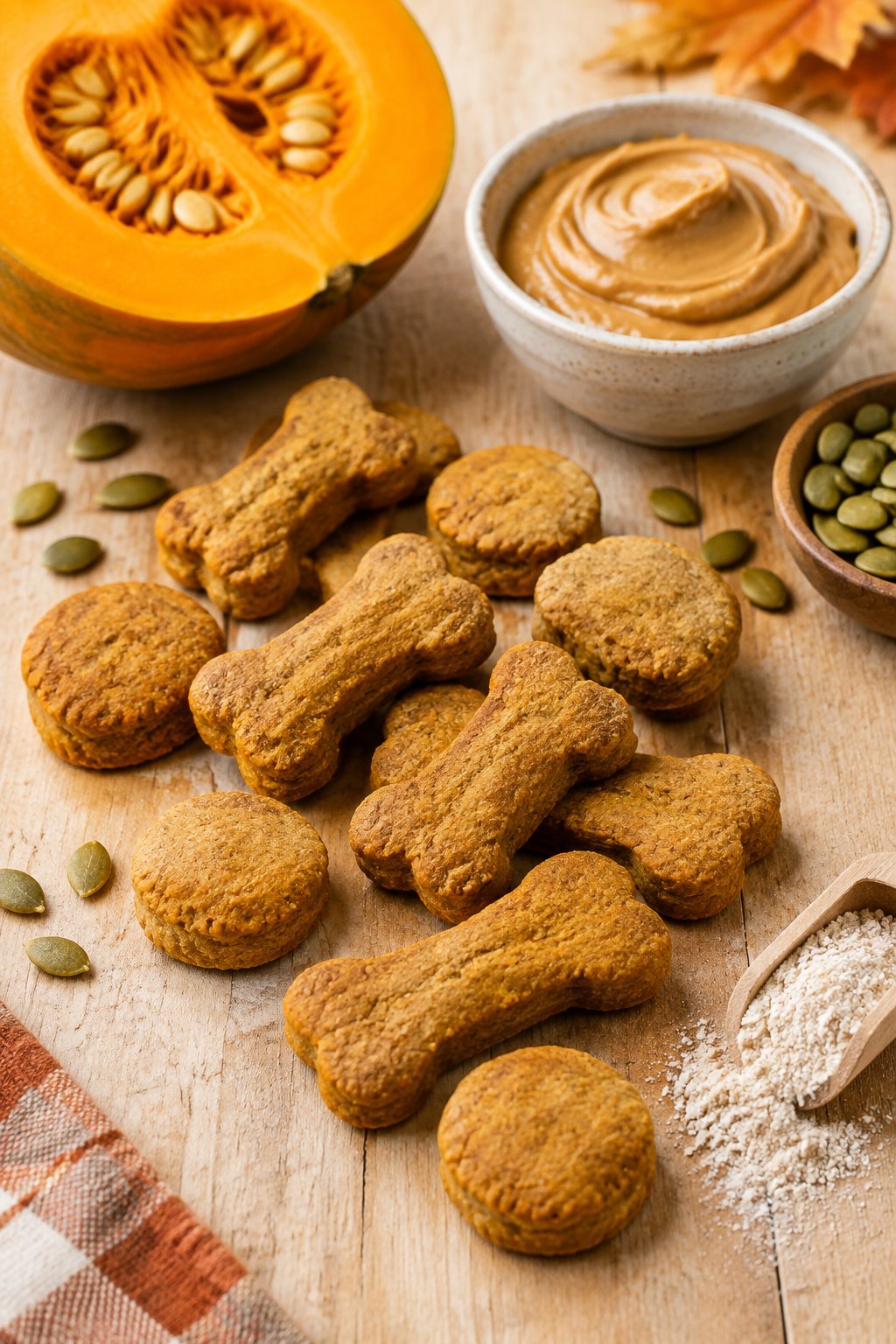 Golden-brown pumpkin peanut butter dog treats arranged beside pumpkin and peanut butter.