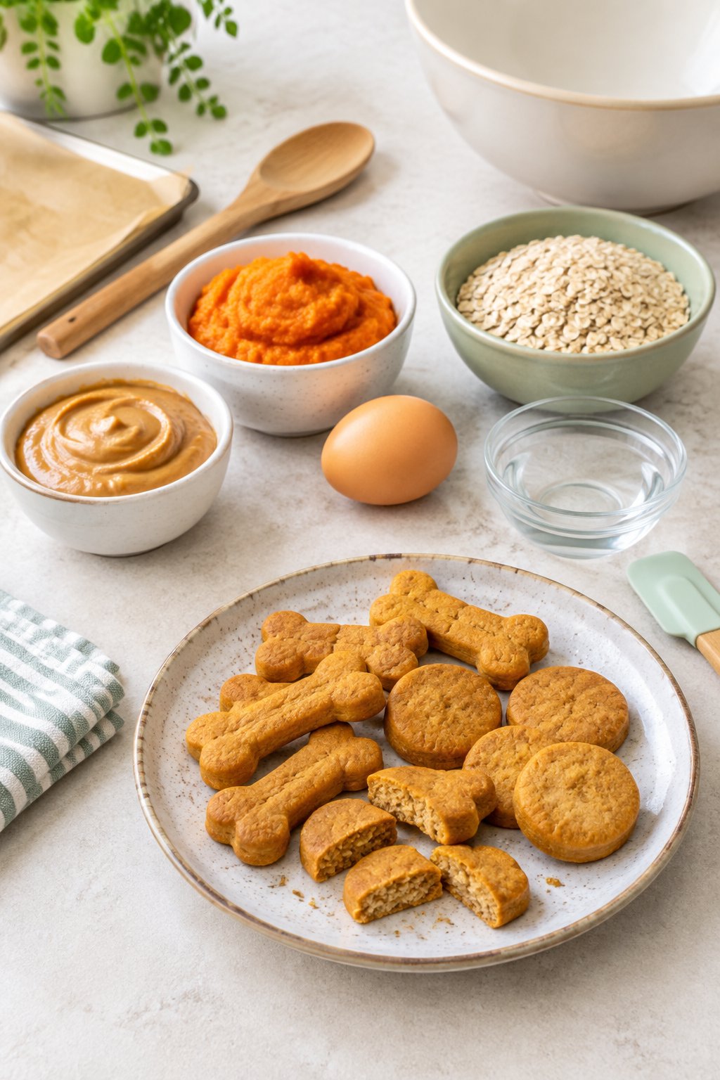 Ingredients and homemade pumpkin peanut butter dog treats arranged on a kitchen counter.