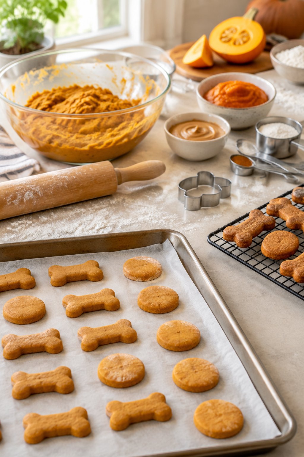 Pumpkin-colored dog biscuit dough, baking ingredients, shaped biscuits, and baked treats on a kitchen counter.