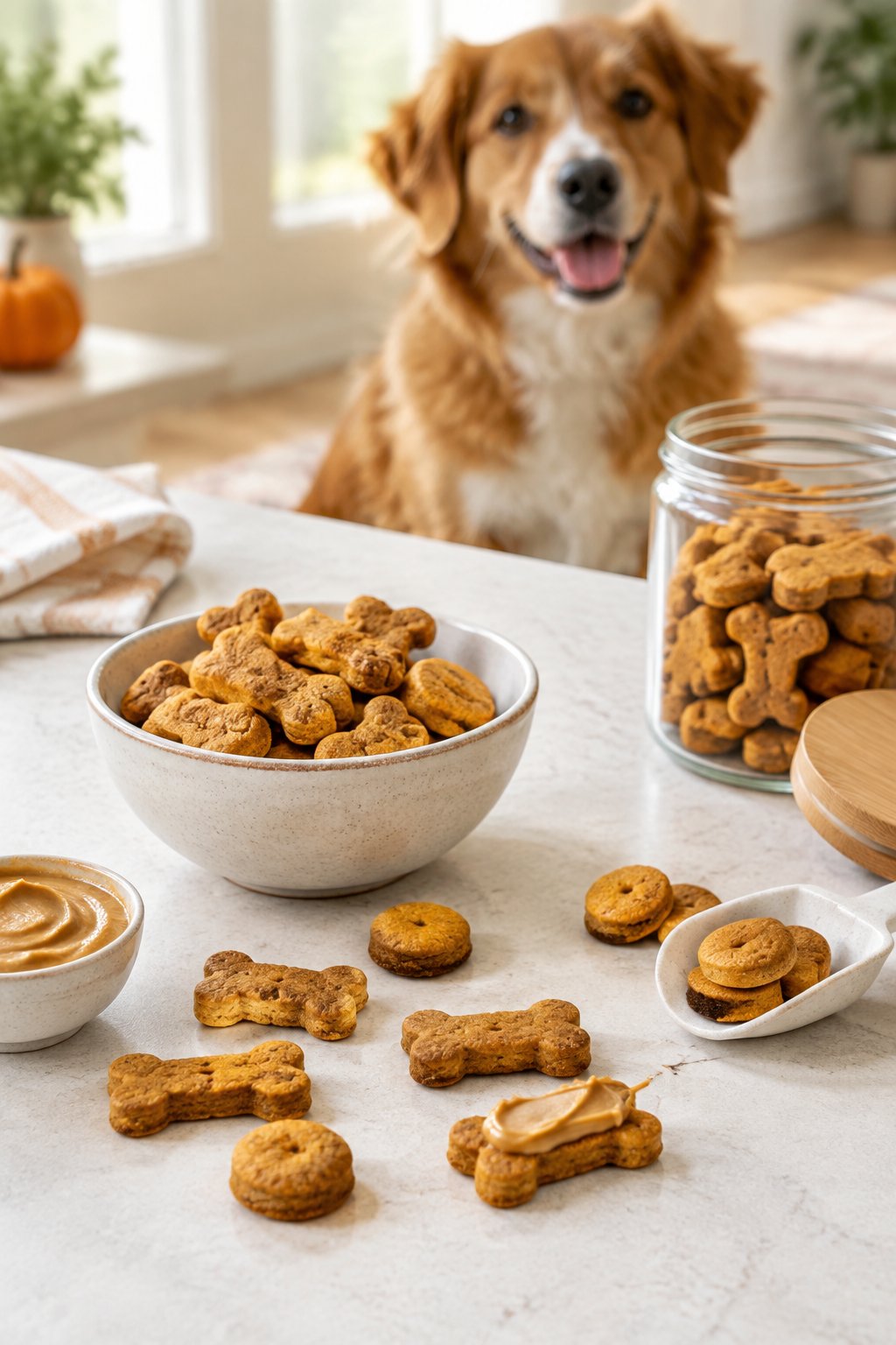 Homemade pumpkin peanut butter dog treats arranged beside a storage container with a dog waiting nearby.