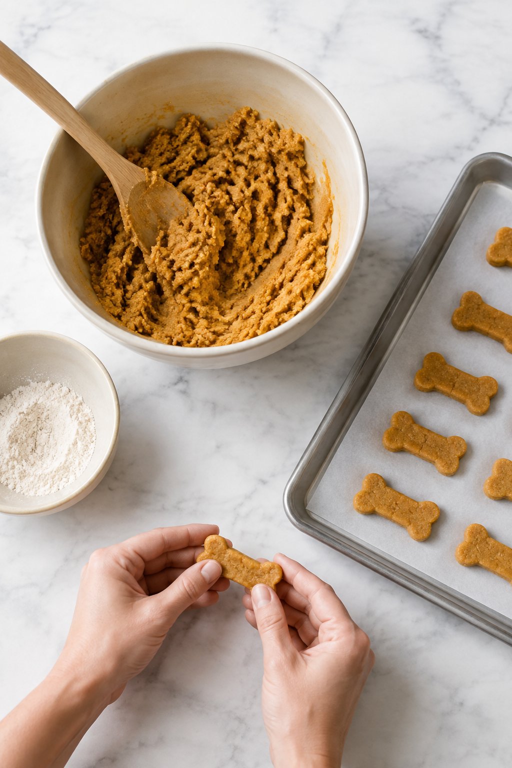 350°F. Baked Pumpkin Peanut Butter Dog Treats dog treats prepared on a white marble counter with soft natural daylight.