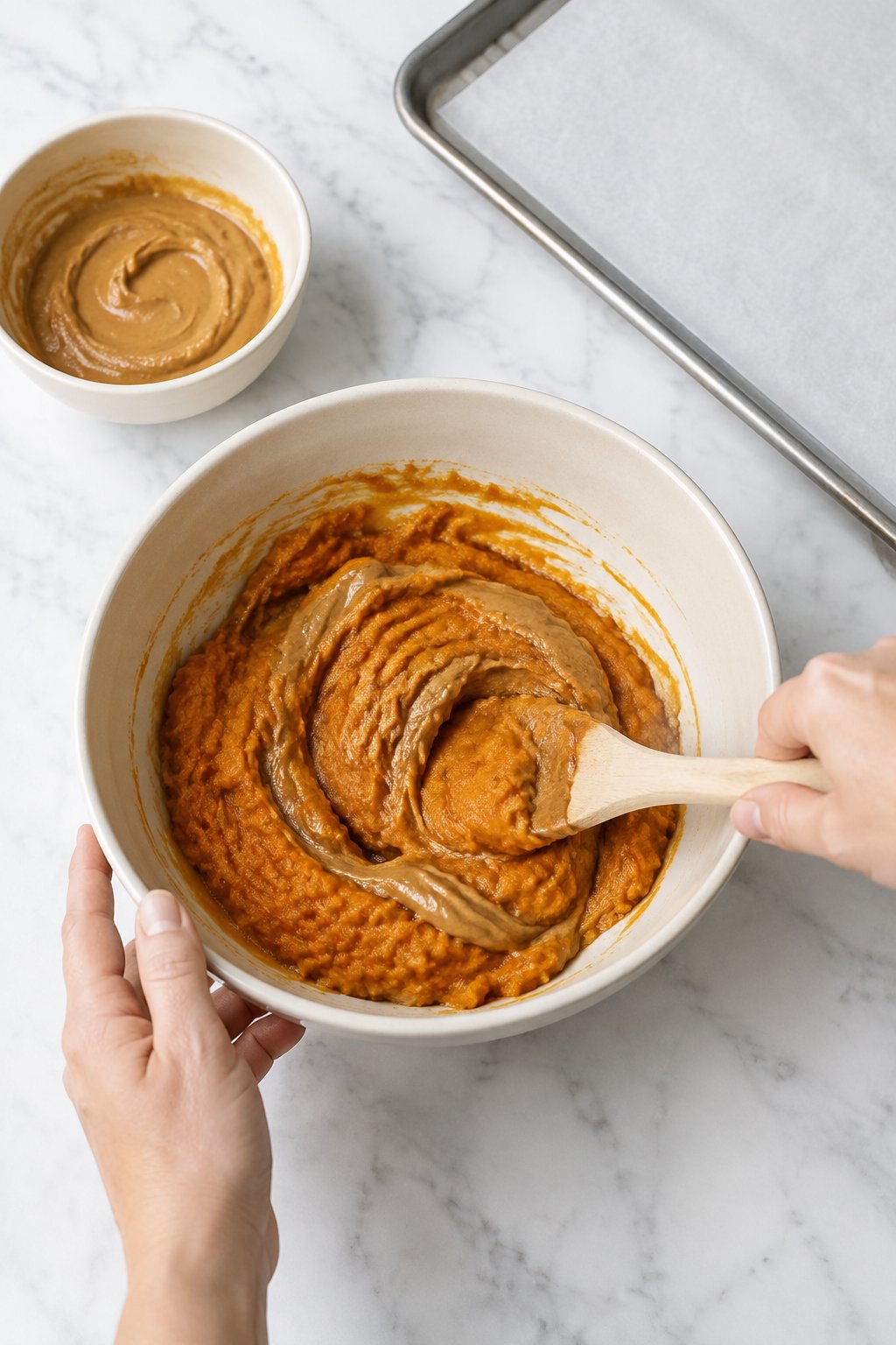 Stir the pumpkin puree and peanut butter together in a medium bowl. Baked Pumpkin Peanut Butter Dog Treats dog treats prepared on a white marble counter with soft natural daylight.