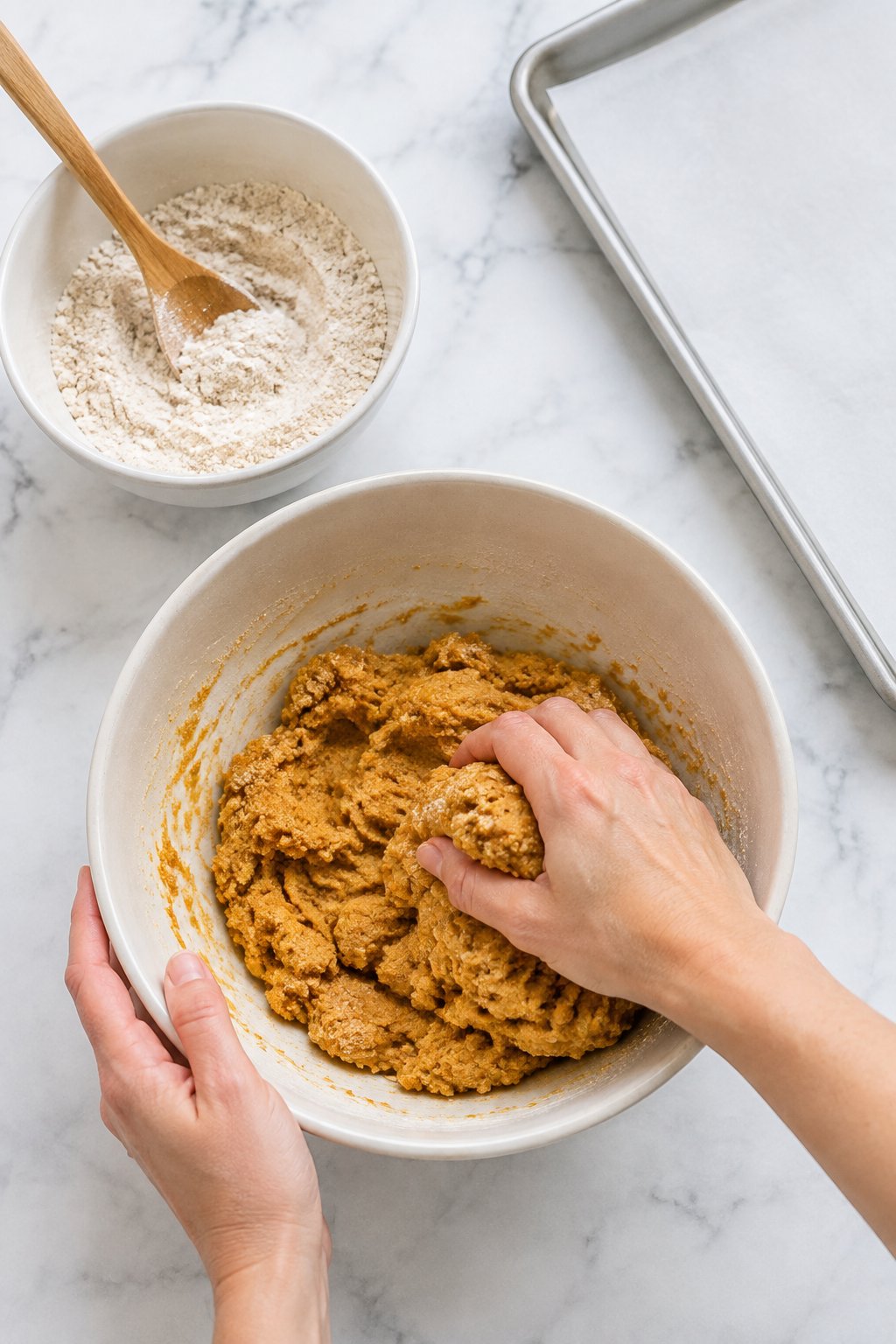 Add 3/4 cup oat flour and stir, then knead briefly by hand. Baked Pumpkin Peanut Butter Dog Treats dog treats prepared on a white marble counter with soft natural daylight.