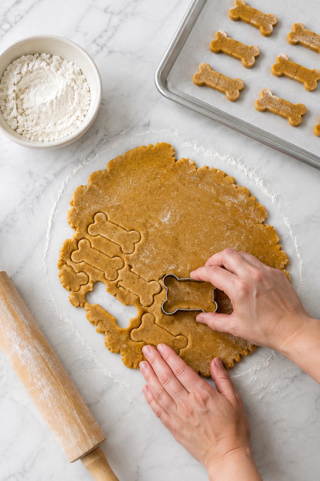 Dust your counter and rolling pin with part of the reserved flour. Baked Pumpkin Peanut Butter Dog Treats dog treats prepared on a white marble counter with soft natural daylight.