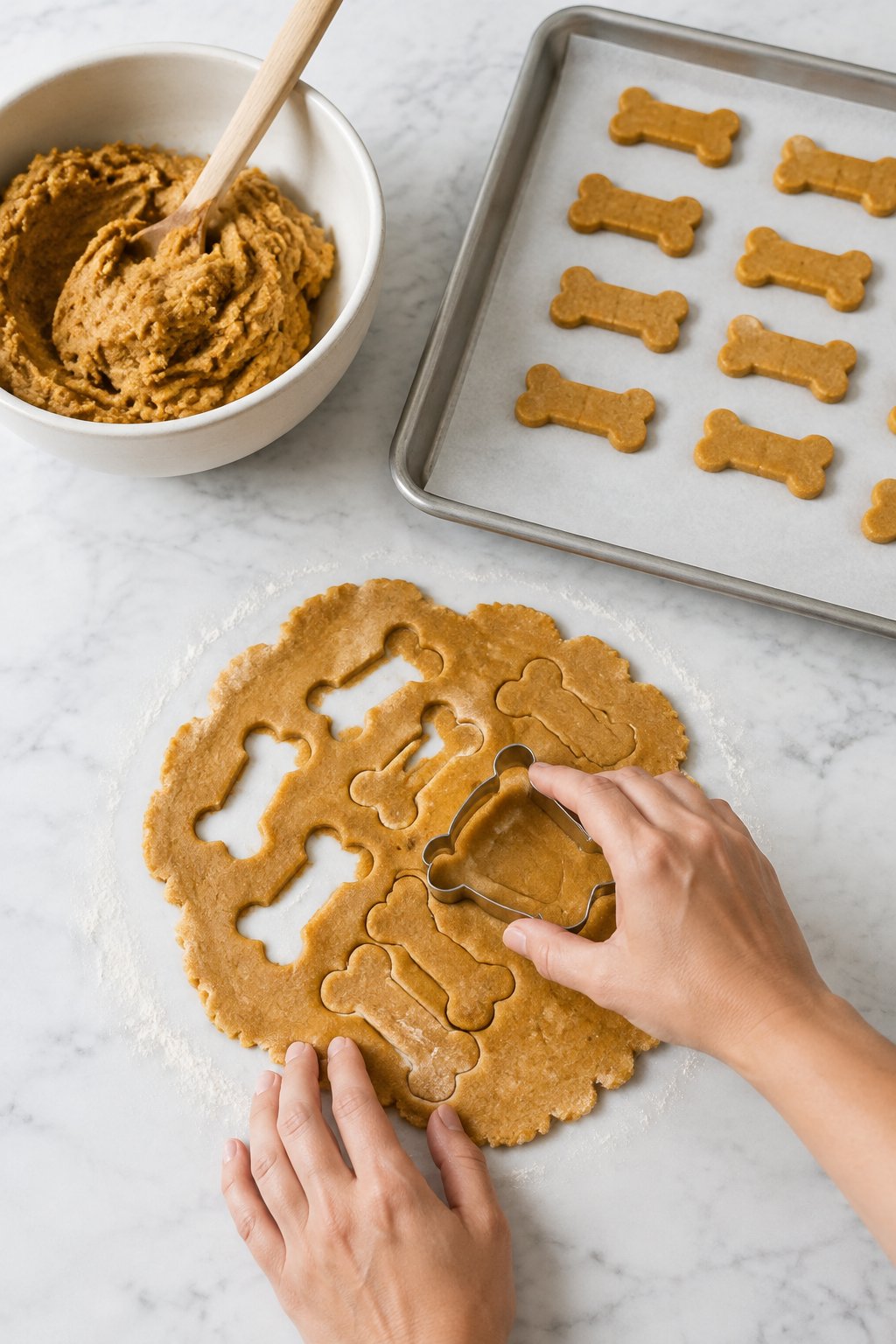 Cut one-inch shapes with cookie cutters or bone cookie cutters. Baked Pumpkin Peanut Butter Dog Treats dog treats prepared on a white marble counter with soft natural daylight.