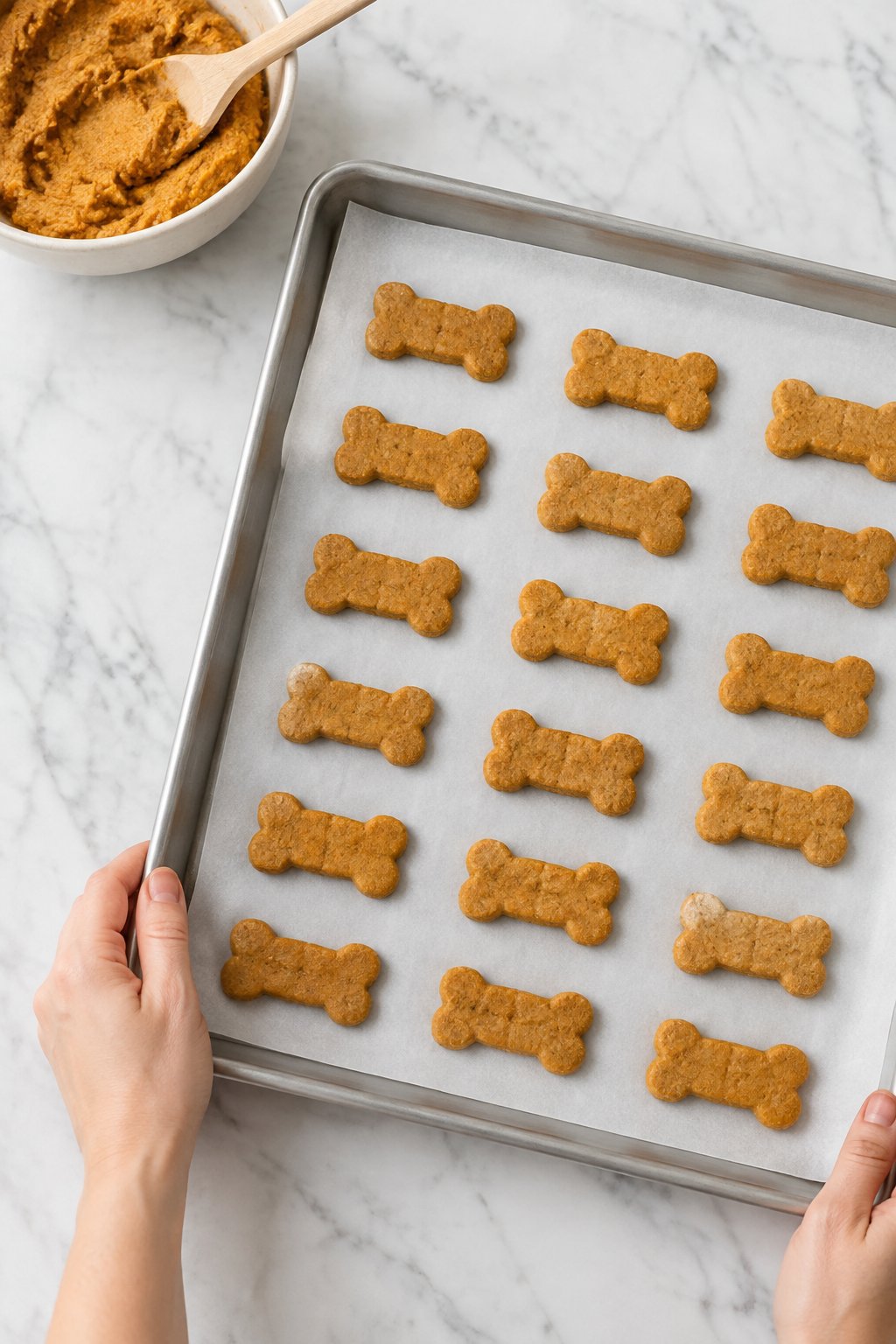Bake for 30 to 35 minutes. Baked Pumpkin Peanut Butter Dog Treats dog treats prepared on a white marble counter with soft natural daylight.