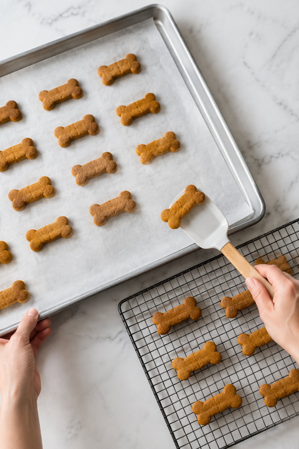 Cool the biscuits on the pan for 5 minutes, then move them to a rack. Baked Pumpkin Peanut Butter Dog Treats dog treats prepared on a white marble counter with soft natural daylight.