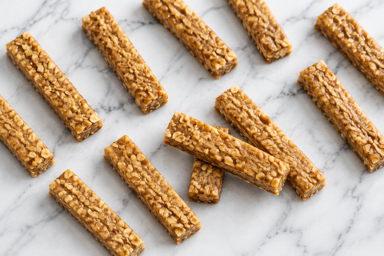 Finished short banana peanut butter chew sticks, golden-brown with a firm homemade texture arranged on a white marble tabletop.