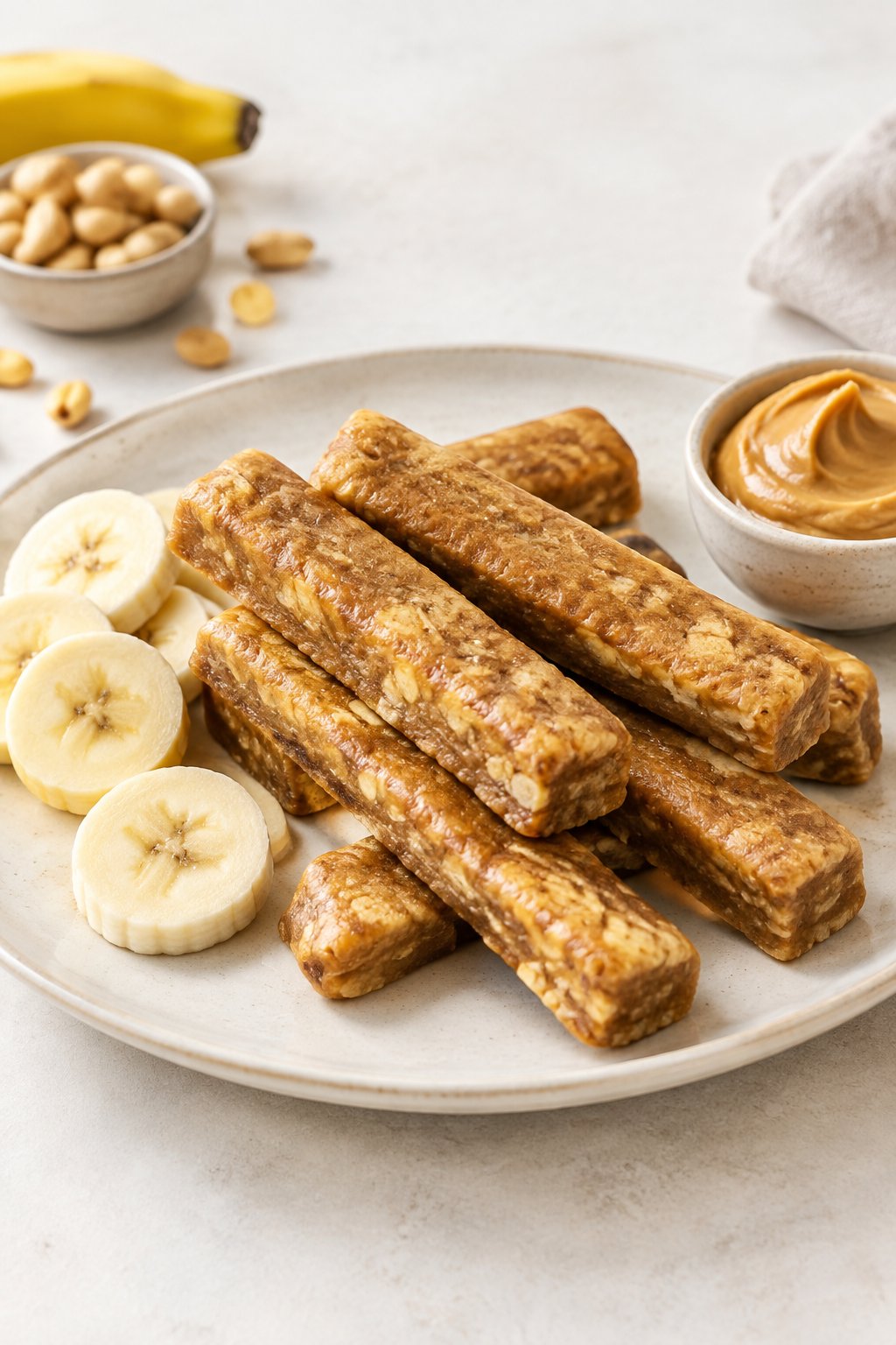 Banana peanut butter chew sticks arranged on a plate with banana slices and peanut butter.