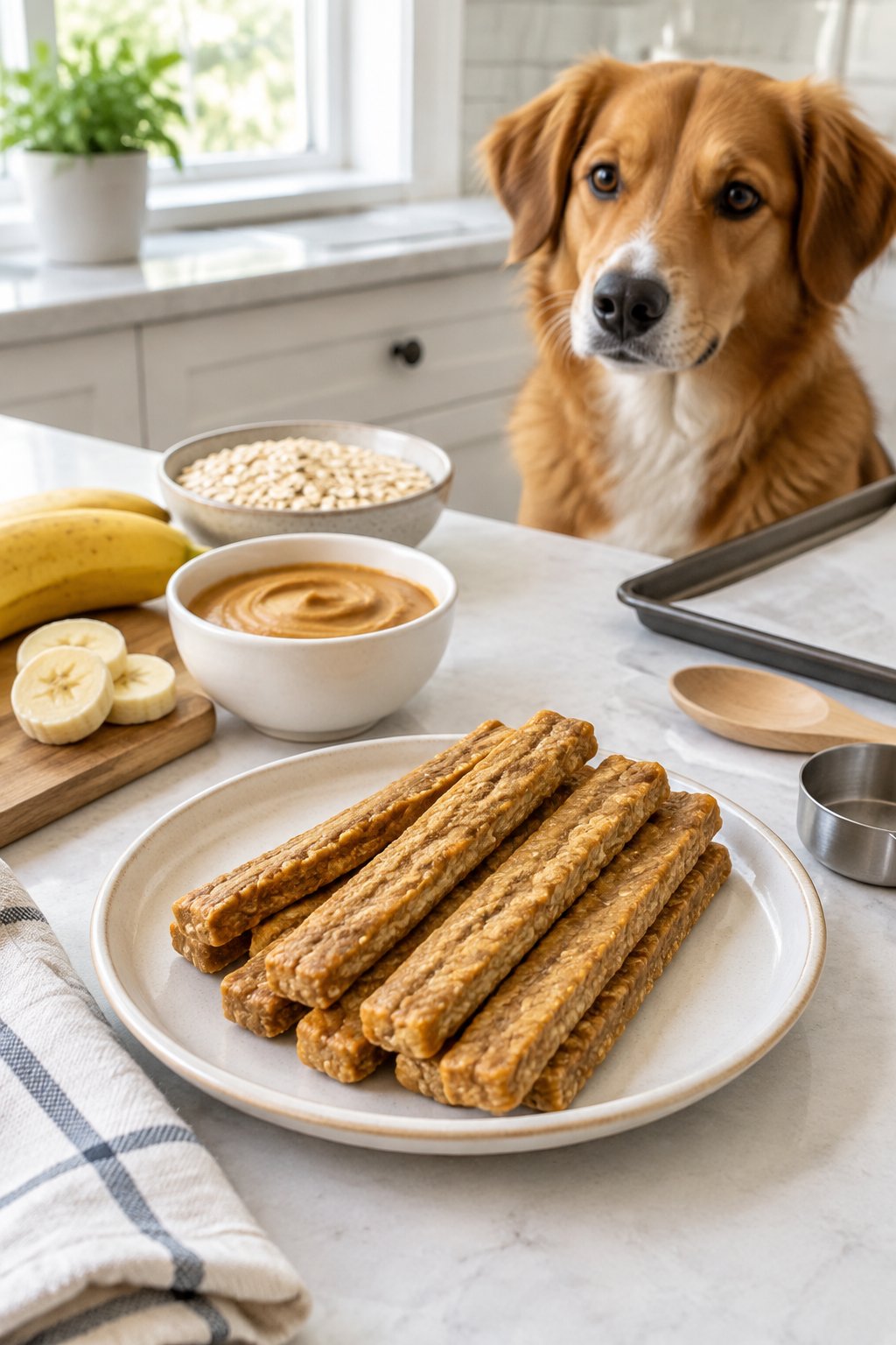 Dog-safe banana peanut butter chew sticks with banana, peanut butter, and oats on a kitchen counter beside a dog.