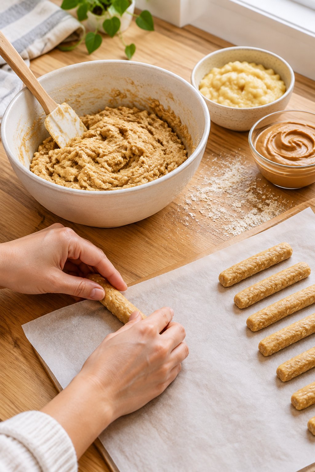 Hands shape banana peanut butter dough into short chew sticks beside a bowl of dough and baking ingredients.