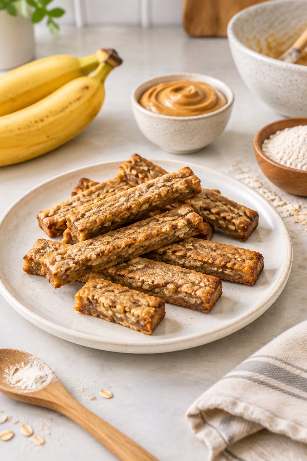 Banana peanut butter chew sticks arranged on a plate beside bananas and a bowl of peanut butter.