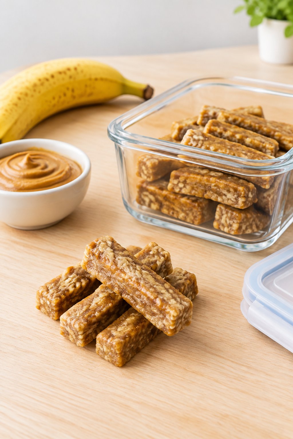 Banana peanut butter chew sticks portioned beside an airtight glass storage container with a banana and peanut butter.