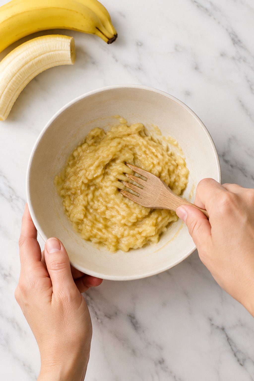 Mash your banana until smooth. Banana Peanut Butter Chew Sticks for Dogs dog treats prepared on a white marble counter with soft natural daylight.