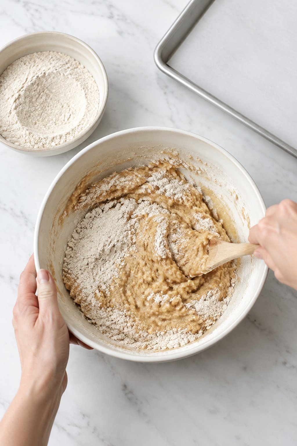 Stir in 2 cups oat flour. Banana Peanut Butter Chew Sticks for Dogs dog treats prepared on a white marble counter with soft natural daylight.