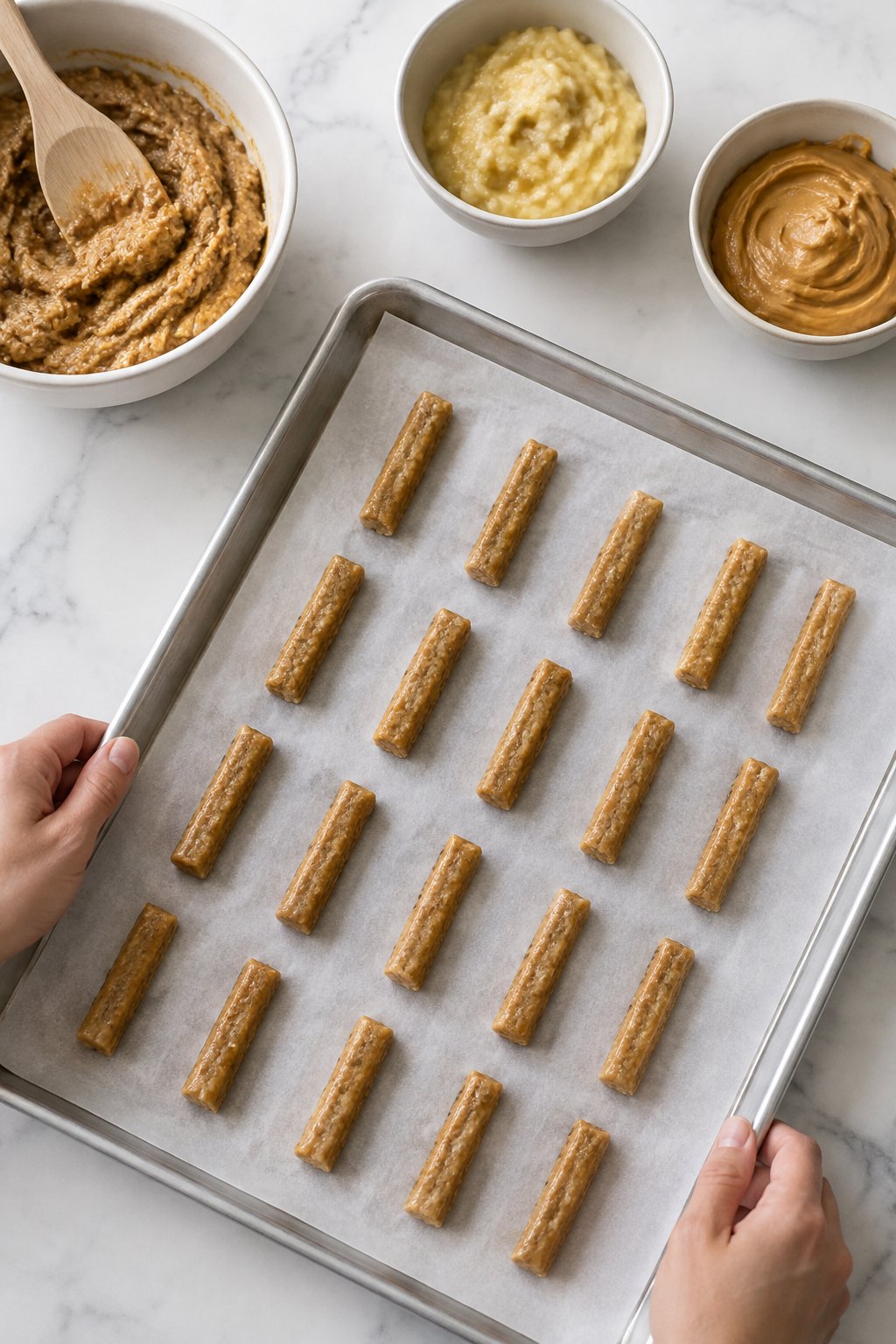 Place the pieces 1 inch apart on your prepared baking sheet. Banana Peanut Butter Chew Sticks for Dogs dog treats prepared on a white marble counter with soft natural daylight.