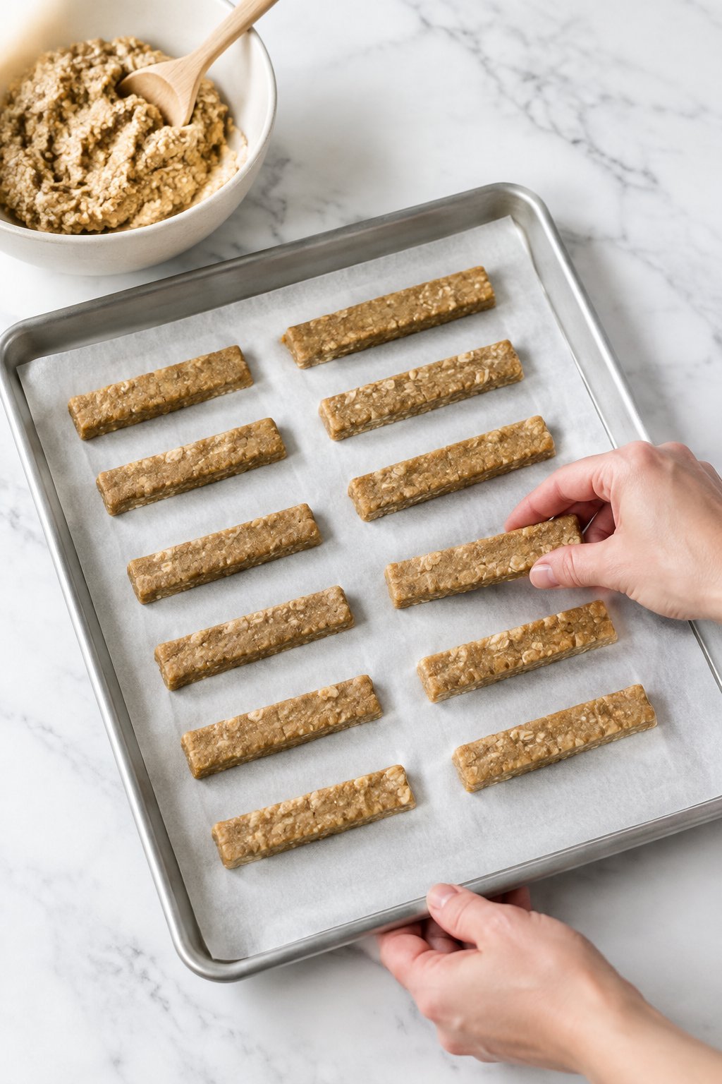 Bake banana peanut butter chew sticks until the edges are lightly golden and the centers are set. Banana Peanut Butter Chew Sticks for Dogs dog treats prepared on a white marble counter with soft natural daylight.