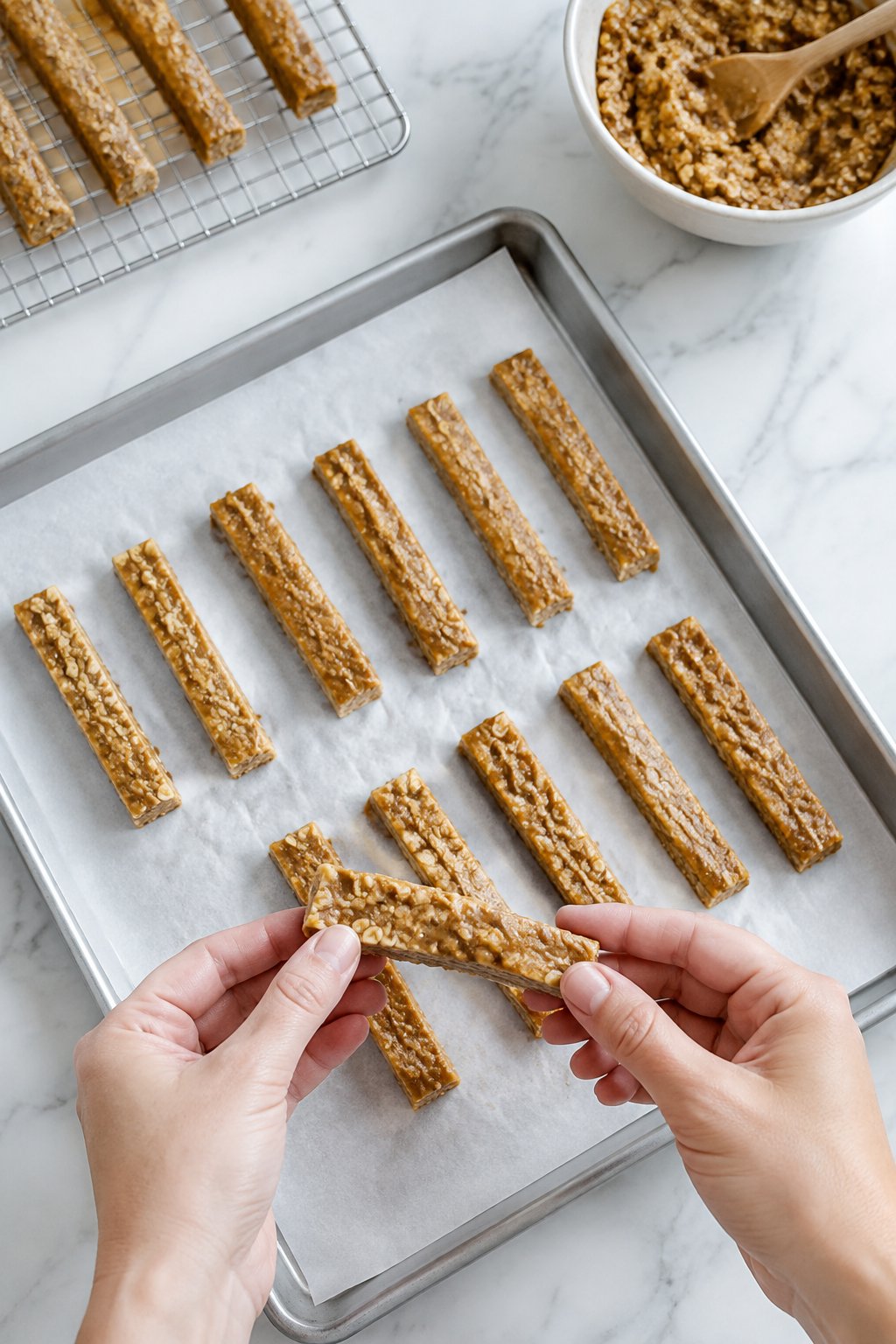 Cool your sticks completely before serving. Banana Peanut Butter Chew Sticks for Dogs dog treats prepared on a white marble counter with soft natural daylight.