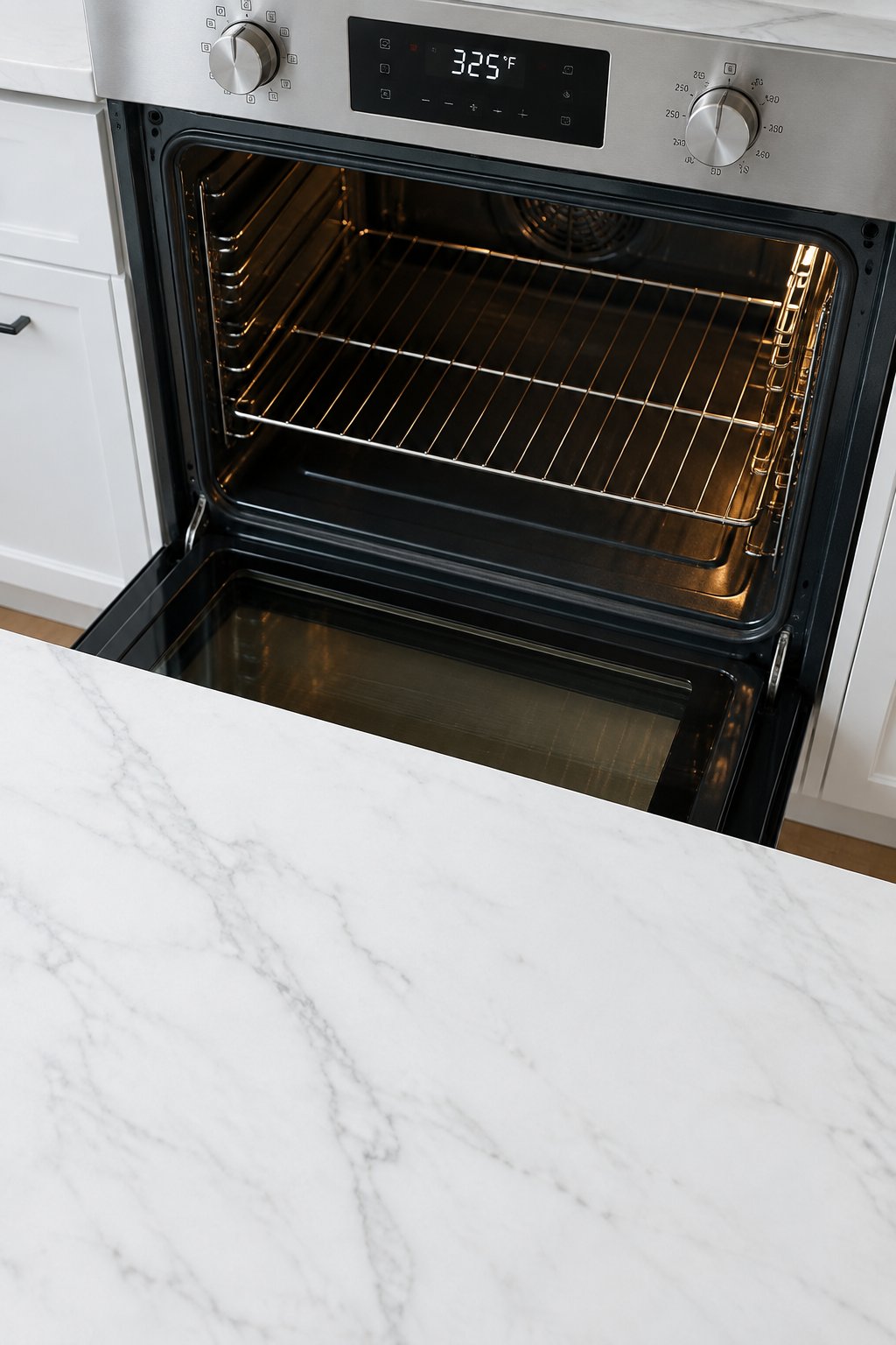 325°F. Banana Peanut Butter Chew Sticks for Dogs dog treats prepared on a white marble counter with soft natural daylight.