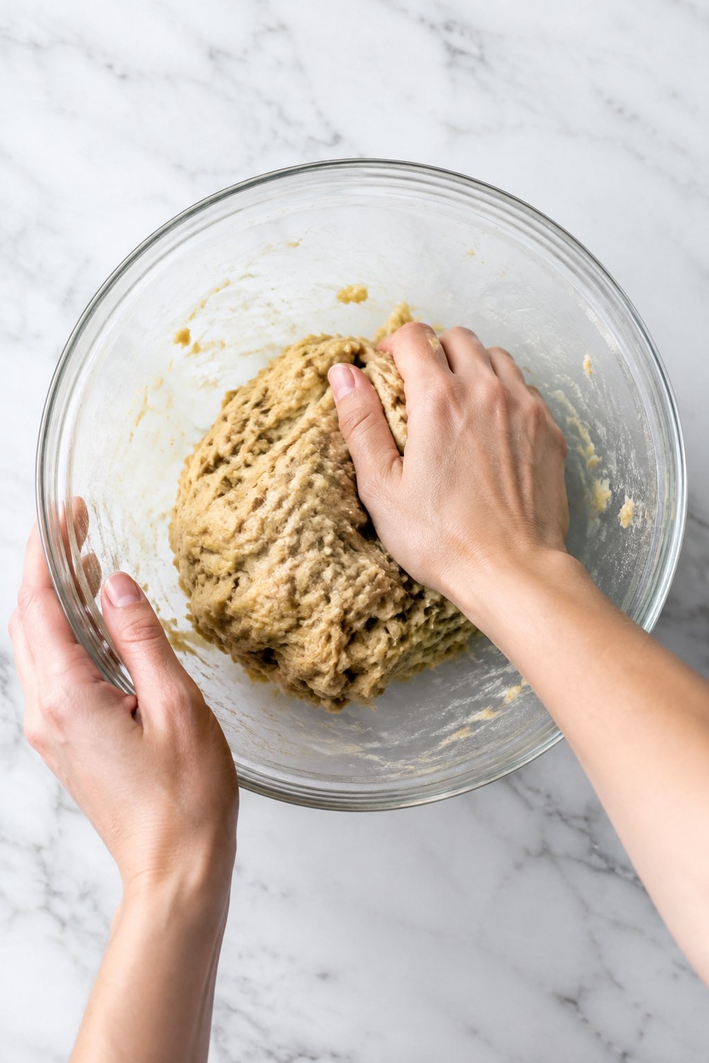 Knead briefly. Banana Peanut Butter Chew Sticks for Dogs dog treats prepared on a white marble counter with soft natural daylight.