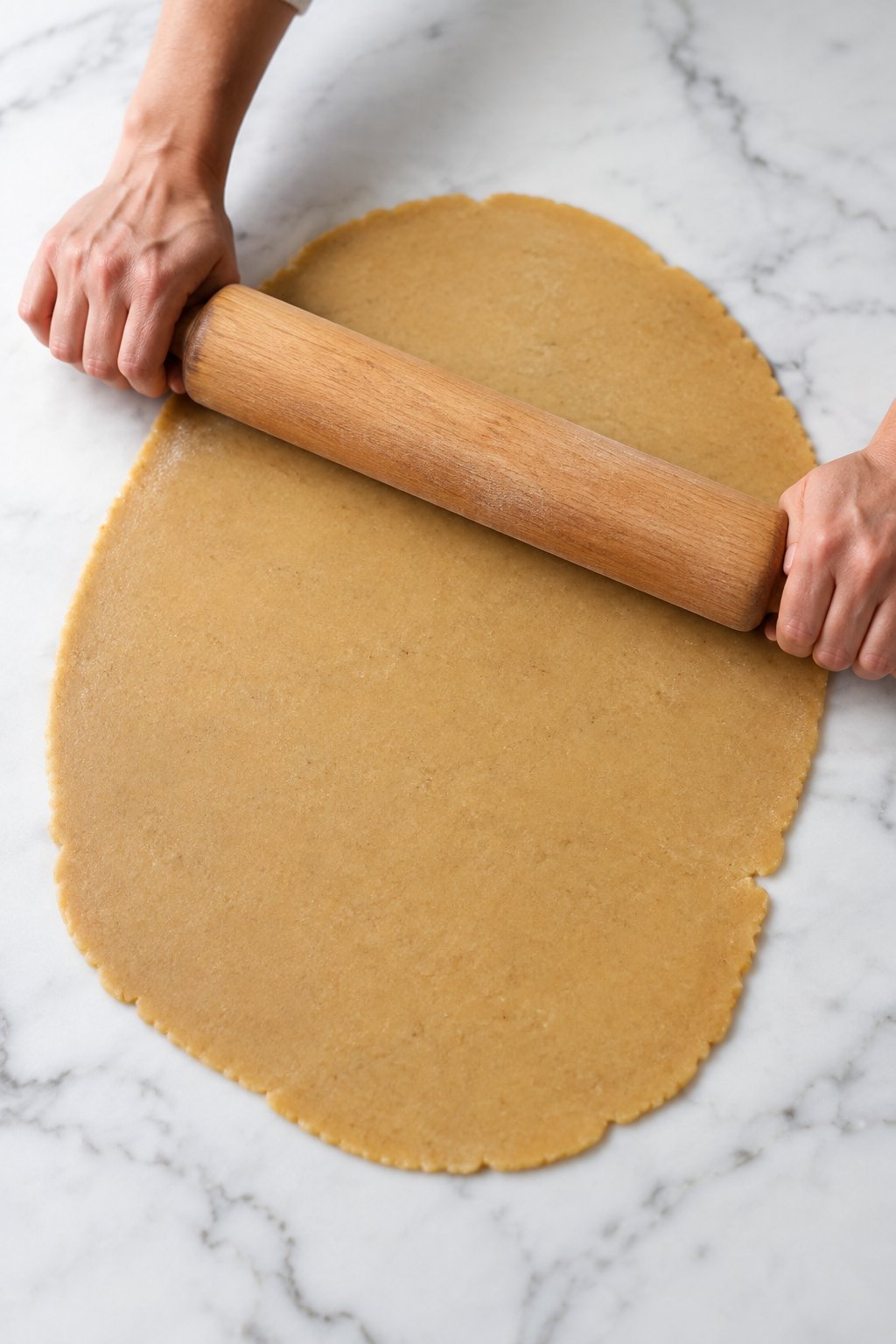 Roll your dough 1/2 inch thick. Banana Peanut Butter Chew Sticks for Dogs dog treats prepared on a white marble counter with soft natural daylight.