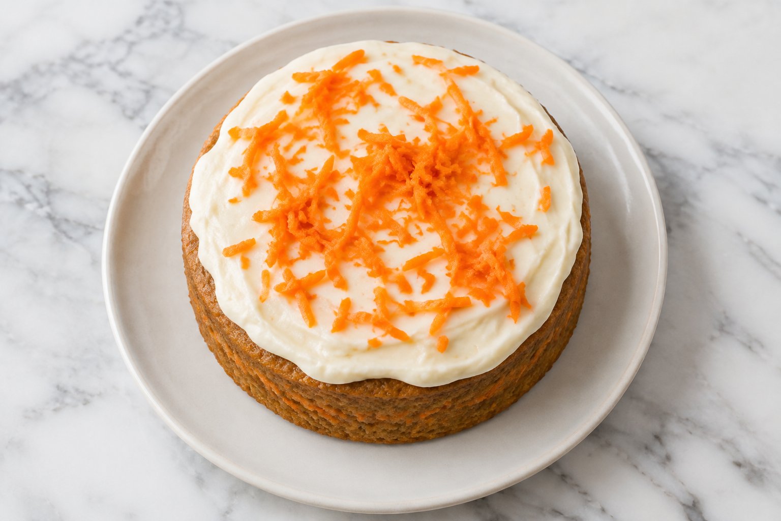 Easy Carrot Dog Cake: A small 6-inch round carrot dog cake with a moist orange-flecked crumb, a smooth white Greek yogurt topping and a light scatter of freshly grated carr.