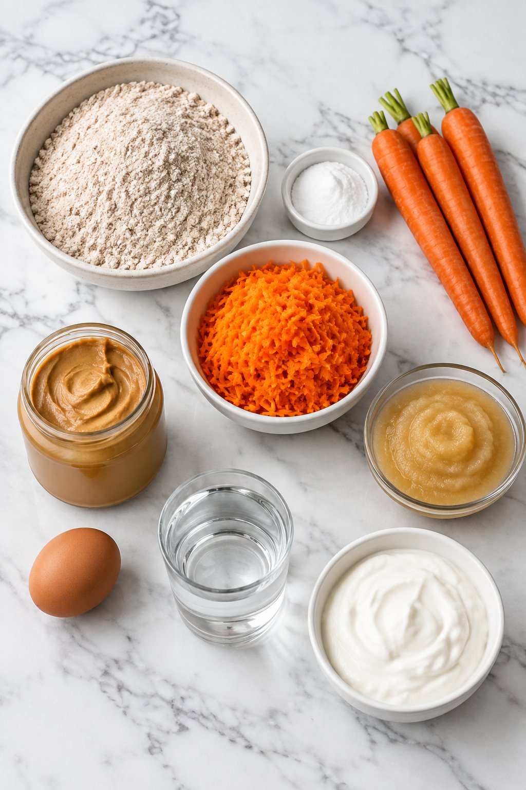 Ingredients for carrot dog cake: flour, baking soda, grated carrot, peanut butter, applesauce, egg, water and Greek yogurt.