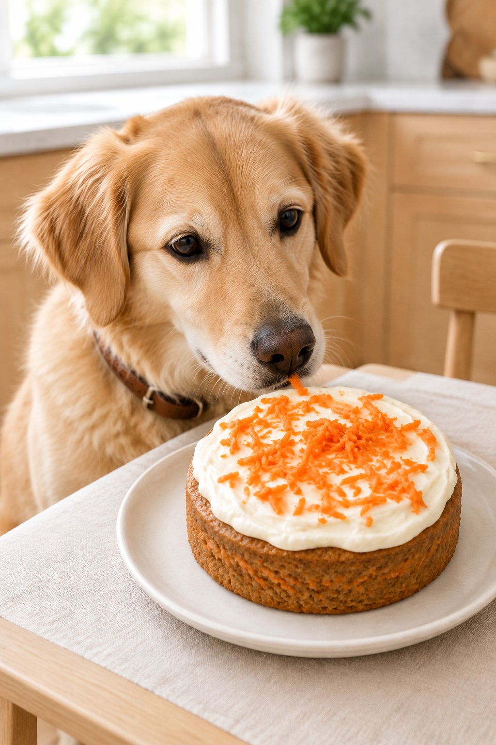 A golden retriever mix next to a homemade carrot dog cake with yogurt frosting.