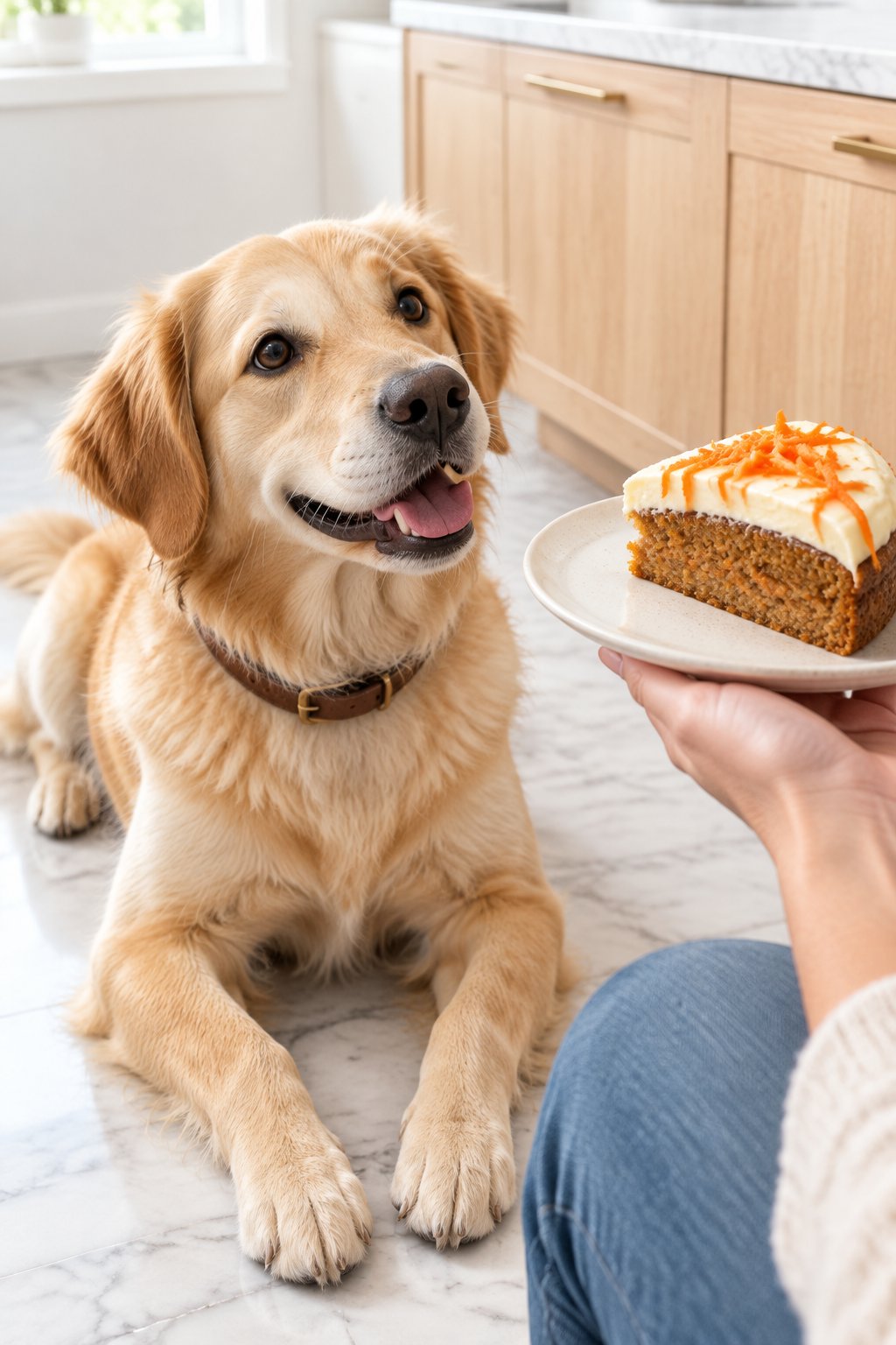 A golden retriever mix watching a slice of homemade carrot dog cake.