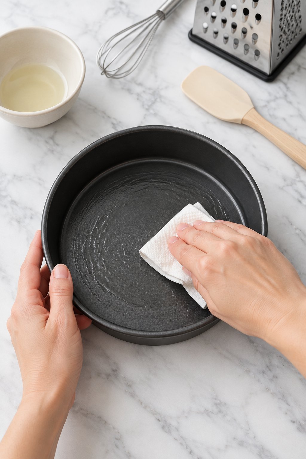 Hands greasing an empty 6-inch round dark cake pan with a little oil on a paper towel.