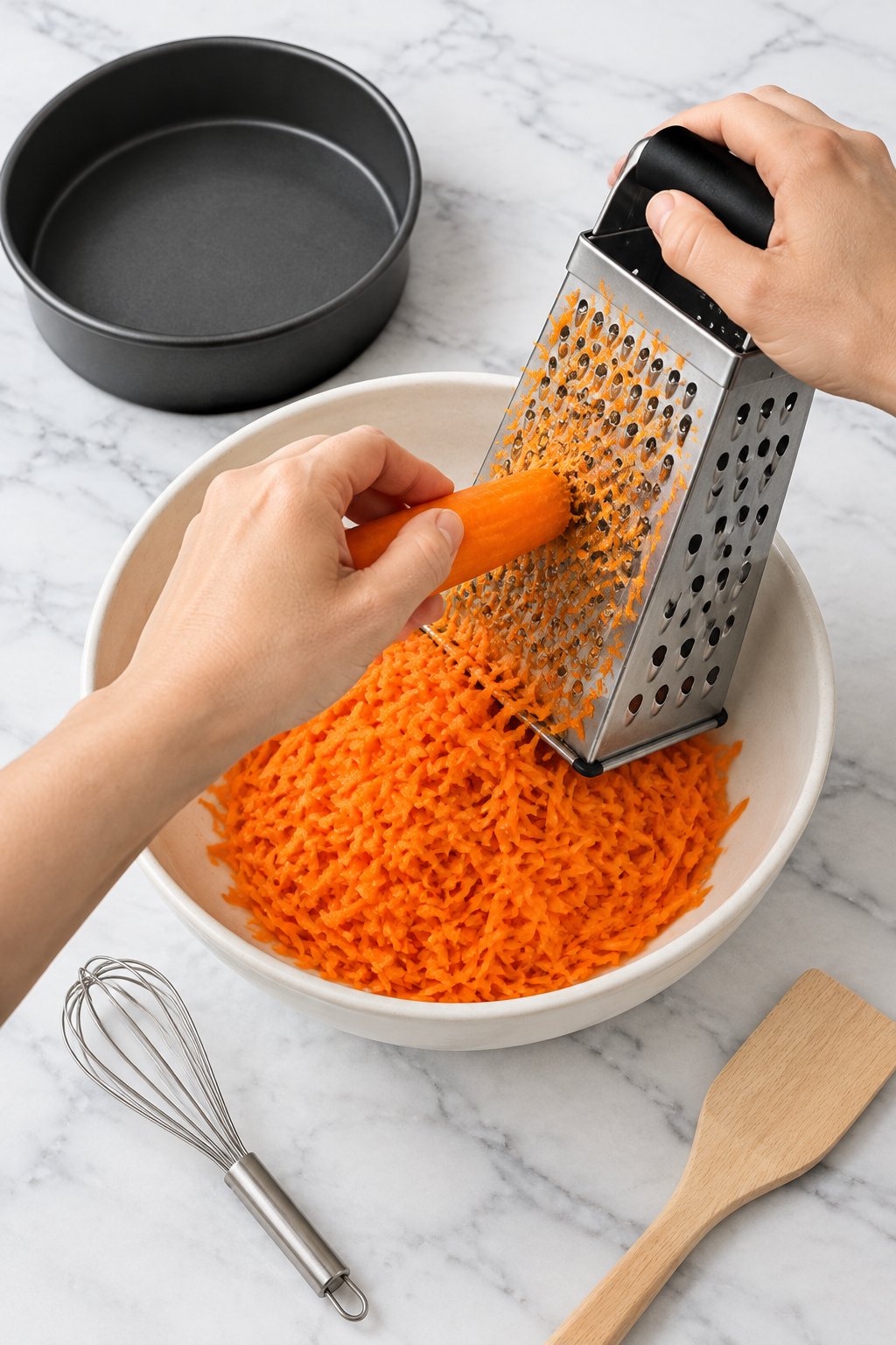 A hand grating carrots on a box grater into an ivory bowl heaped with fine orange shreds.
