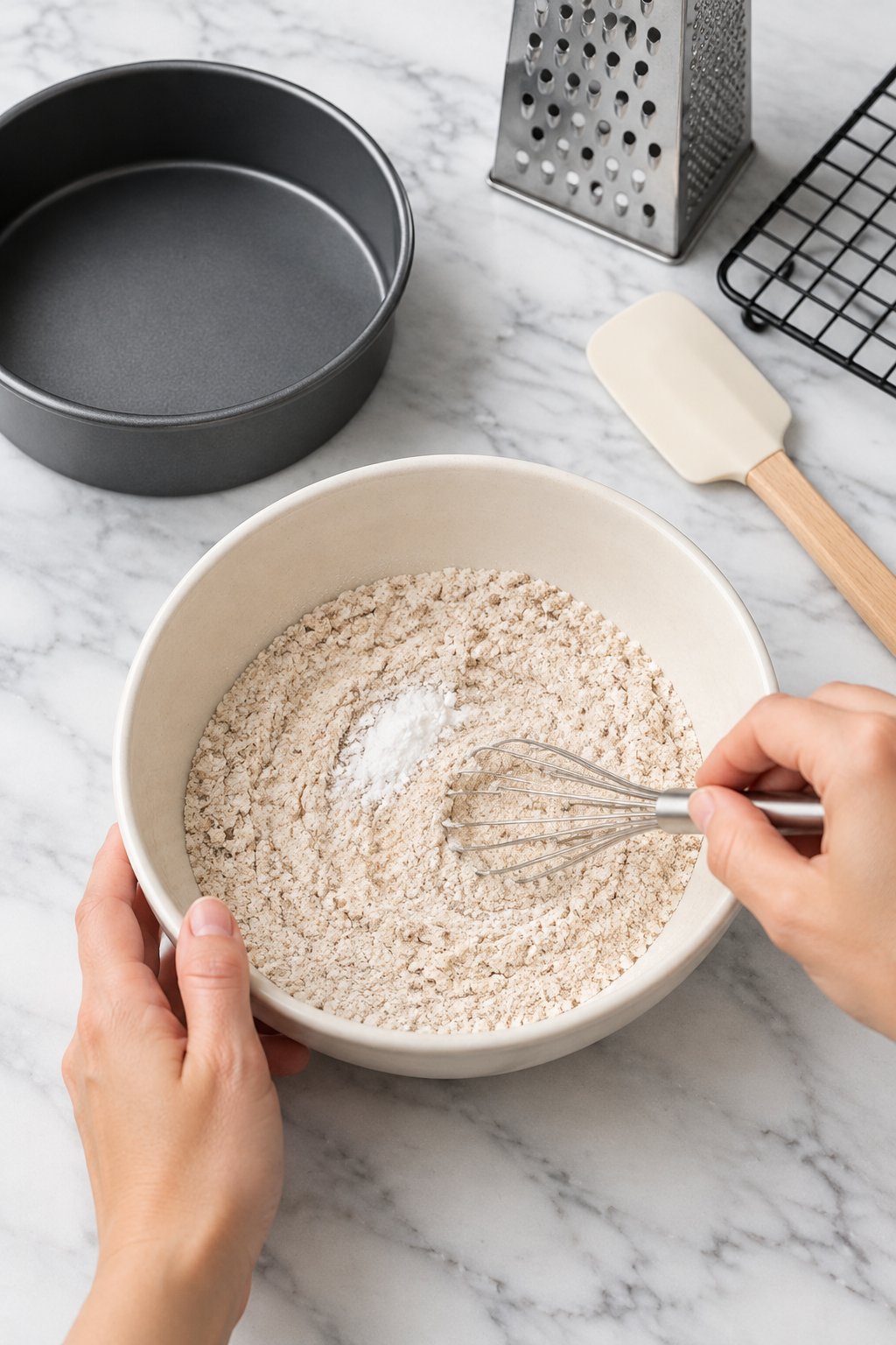 A small wire whisk mixing whole wheat flour and baking soda in an ivory bowl.