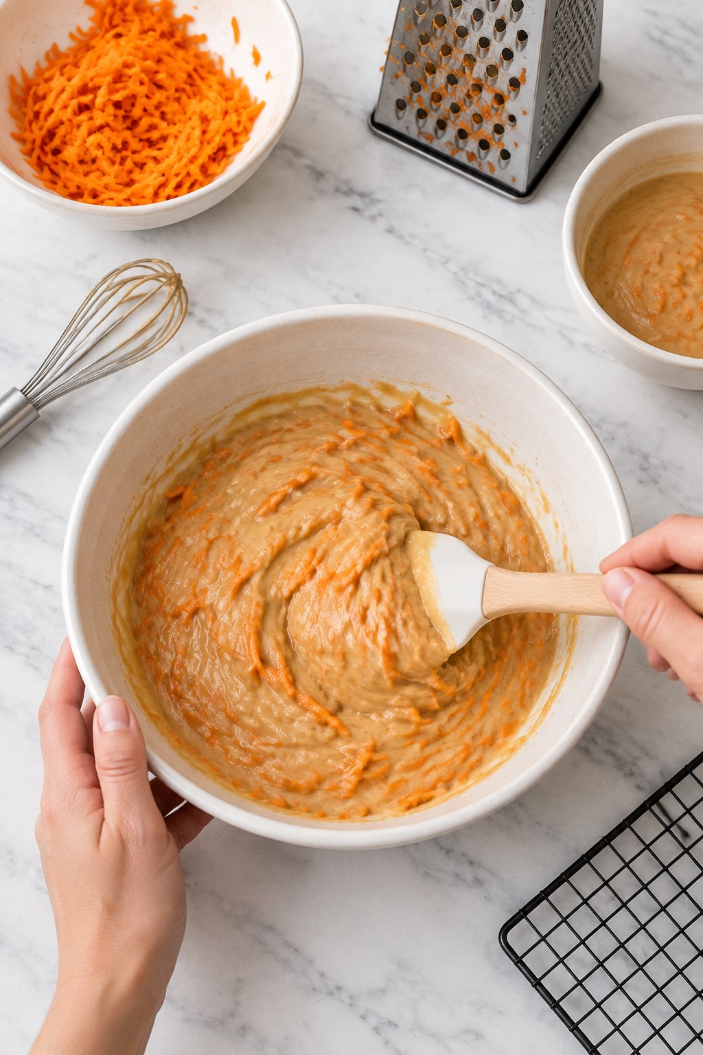 Grated carrot being stirred into a smooth tan mixture of peanut butter, applesauce, egg and water.