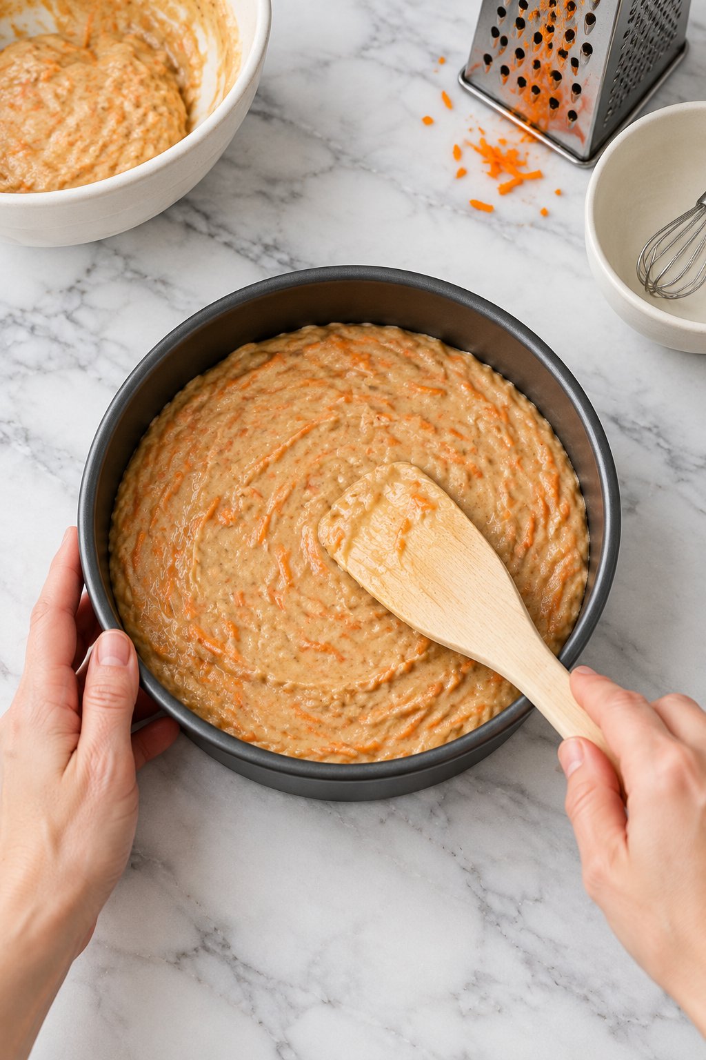 Carrot-flecked batter spread level in the 6-inch dark cake pan with a spatula.