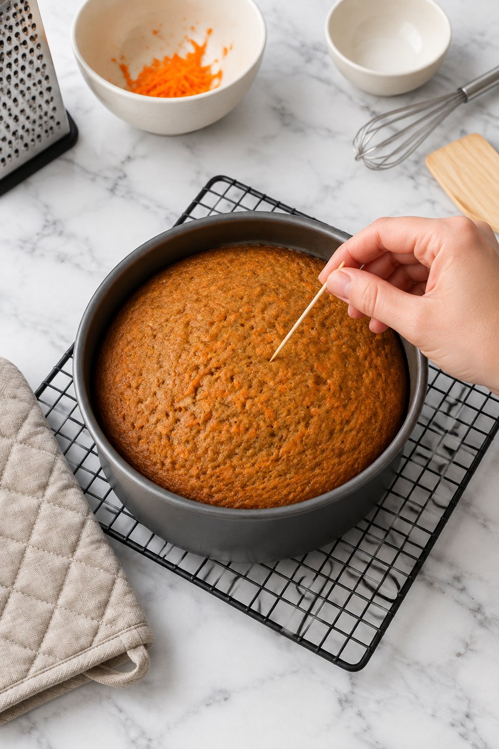 A toothpick coming out clean from a freshly baked carrot cake in its pan on a trivet, oven mitt beside it.