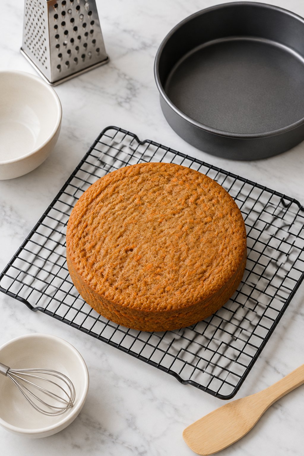 The unfrosted carrot cake cooling on a black wire rack beside its empty pan.