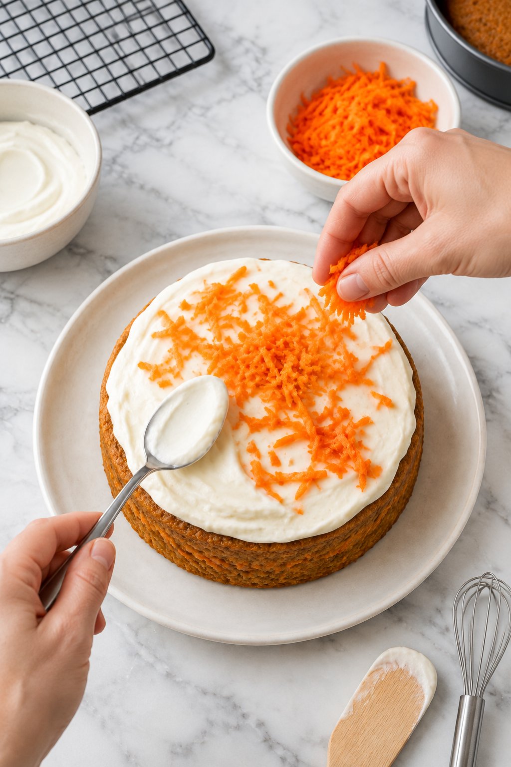 A spoon spreading white Greek yogurt over the cooled carrot cake while a hand sprinkles grated carrot on top.