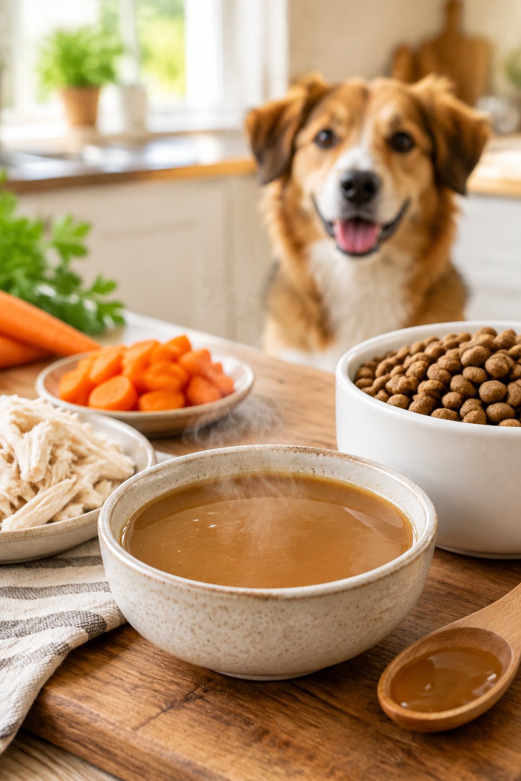 A bowl of homemade gravy beside dog kibble, with a dog waiting in the background.