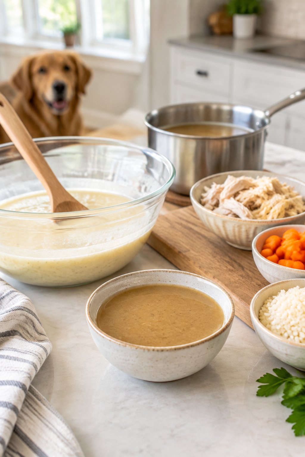 A bowl of homemade dog gravy sits beside simple ingredients and kitchen utensils, with a dog waiting in the background.