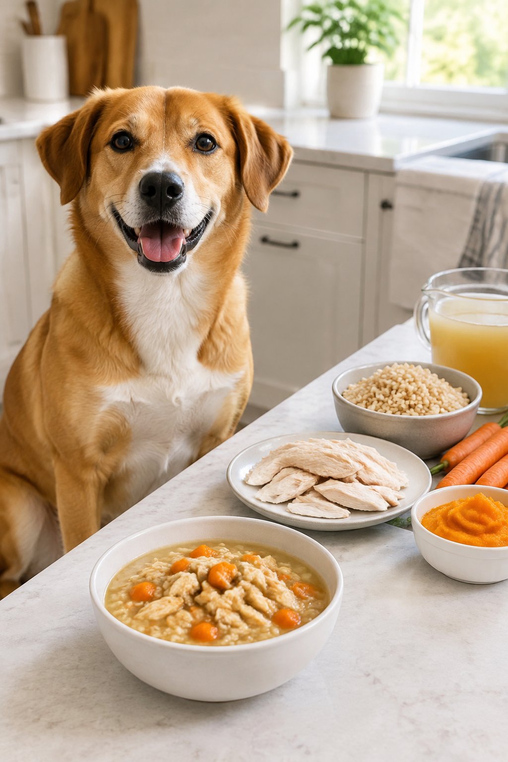 A happy dog sits beside a bowl of homemade gravy and wholesome ingredients on a kitchen counter.