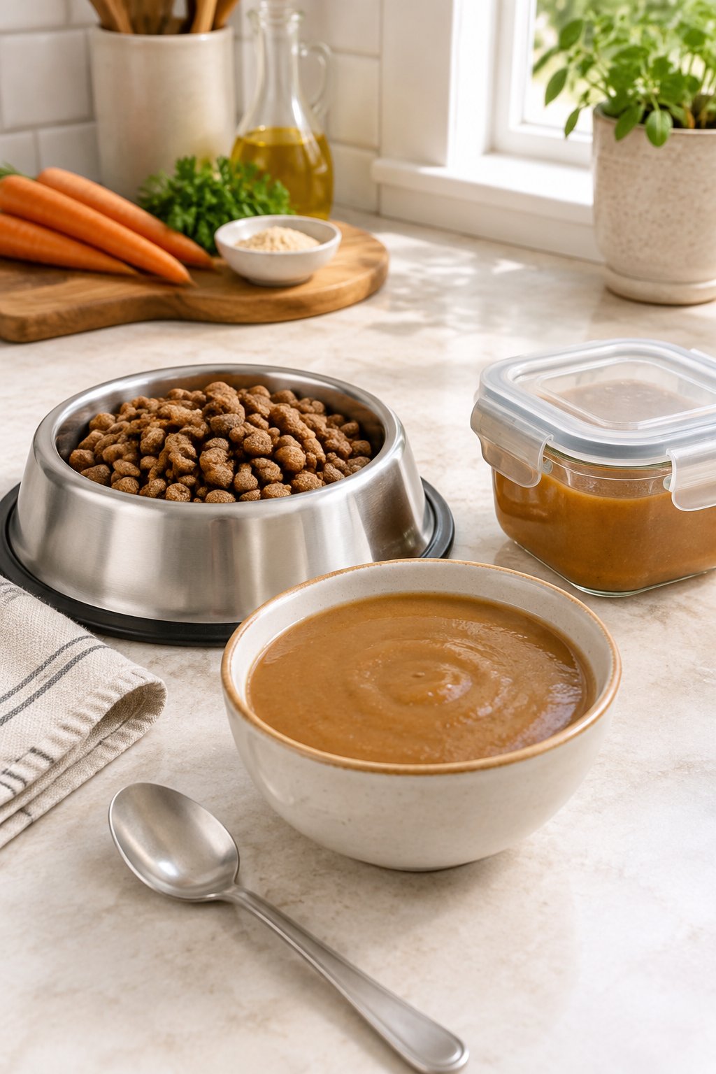 A bowl of homemade dog gravy beside a dog food bowl and a sealed container of extra gravy on a kitchen counter.