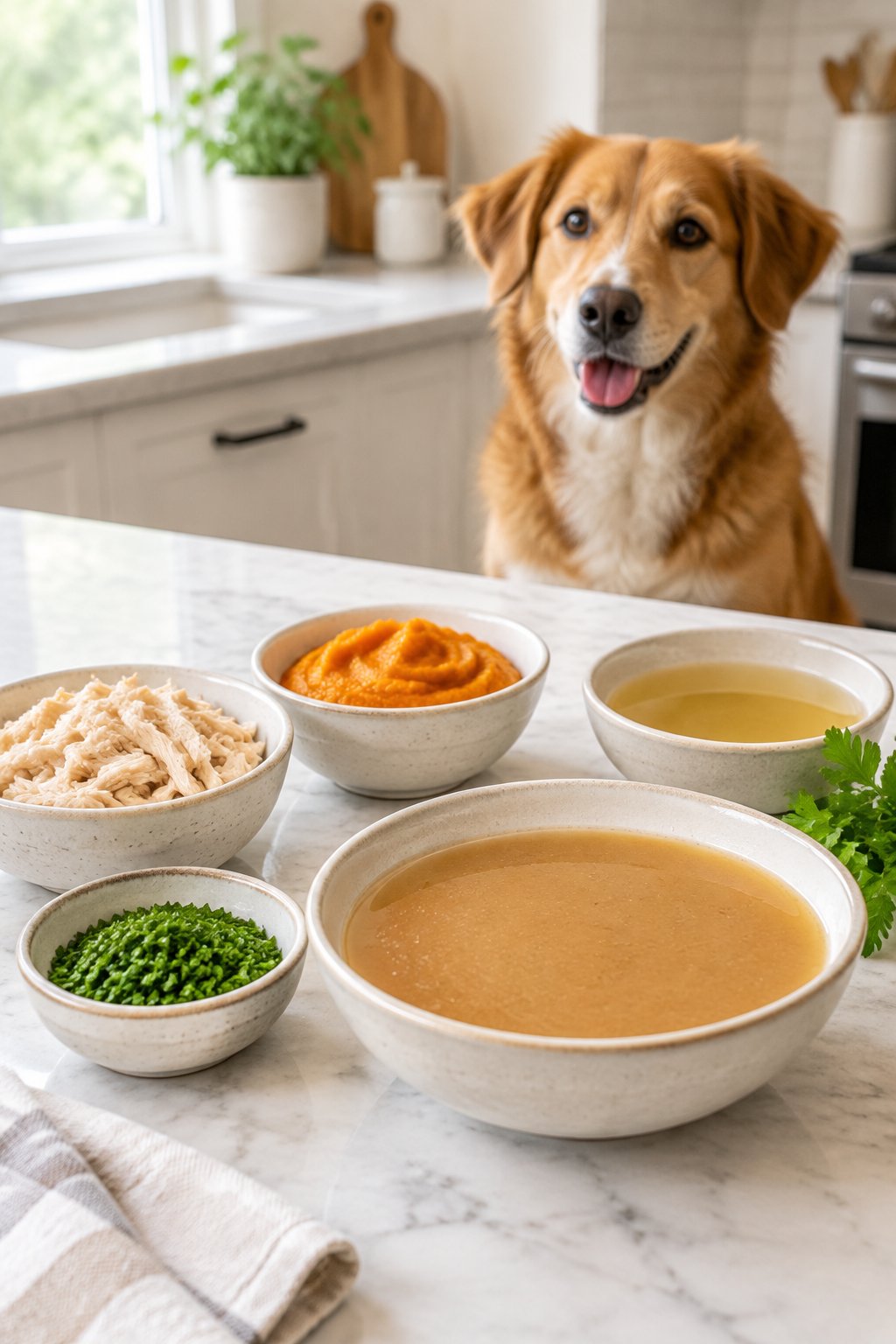 A dog watches several bowls of homemade gravy and dog-friendly ingredients on a kitchen counter.