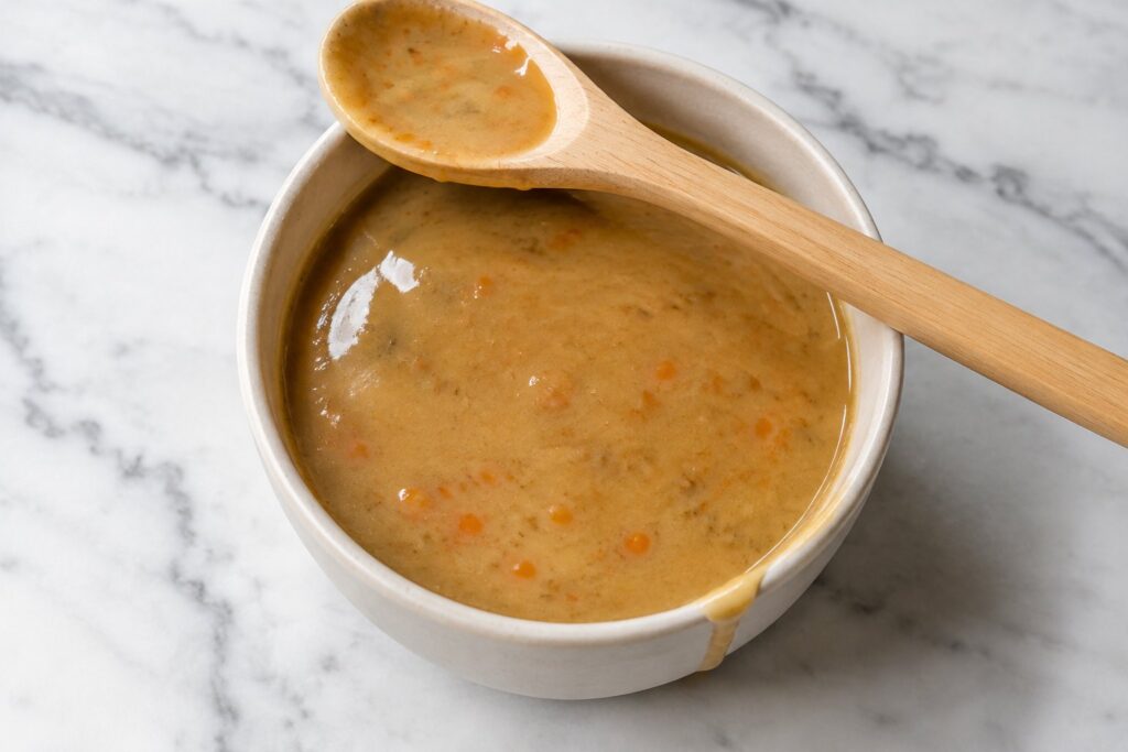Smooth homemade chicken gravy for dogs with small carrot flecks in an ivory bowl, a wooden spoon resting on the rim.