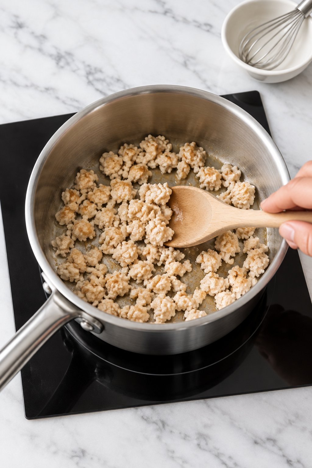 Ground chicken browning in small crumbles in a stainless steel saucepan on an induction hob, stirred with a wooden spoon.