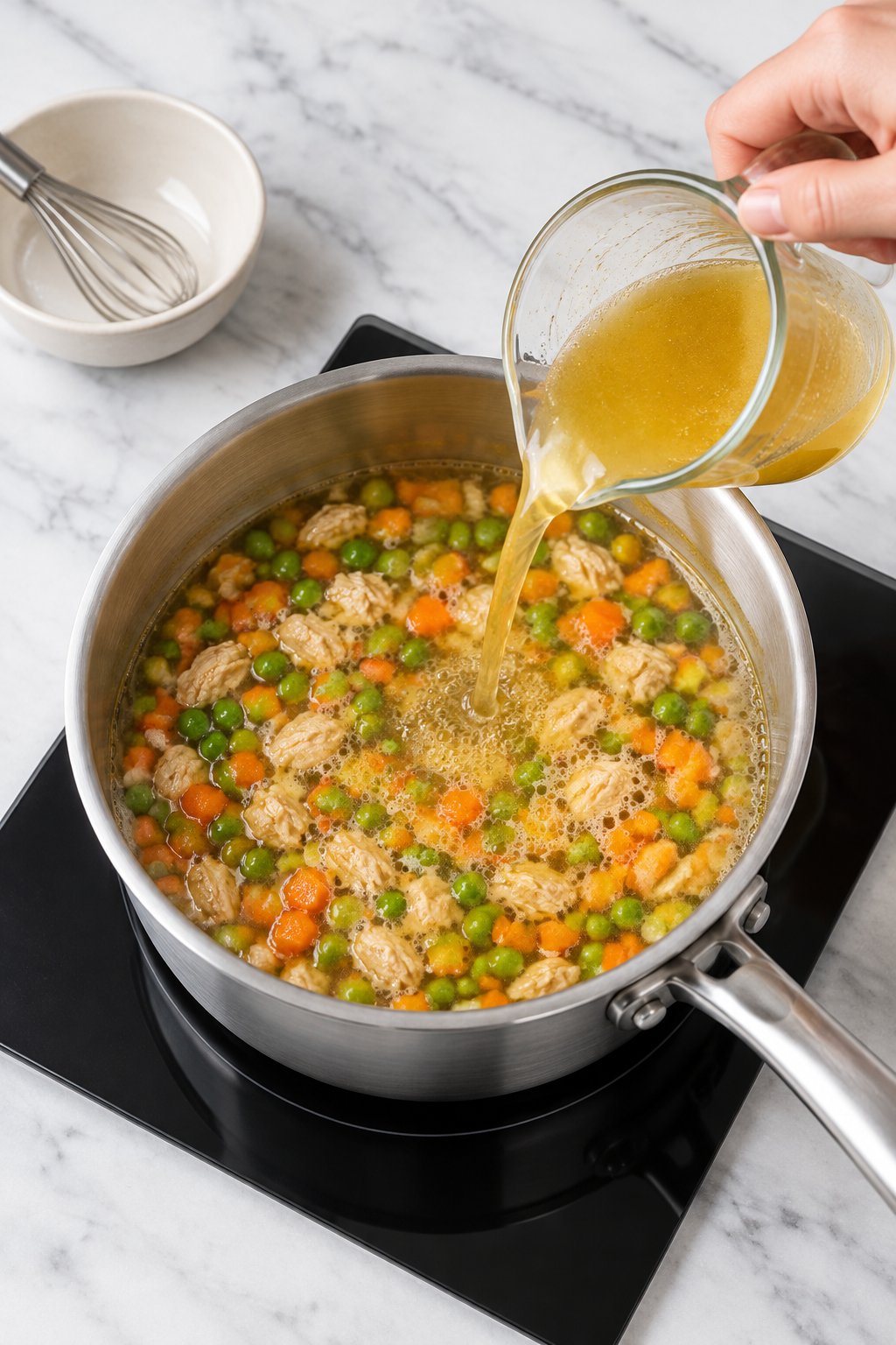 Chicken broth being poured into a saucepan of cooked chicken, diced carrots and peas on the hob.