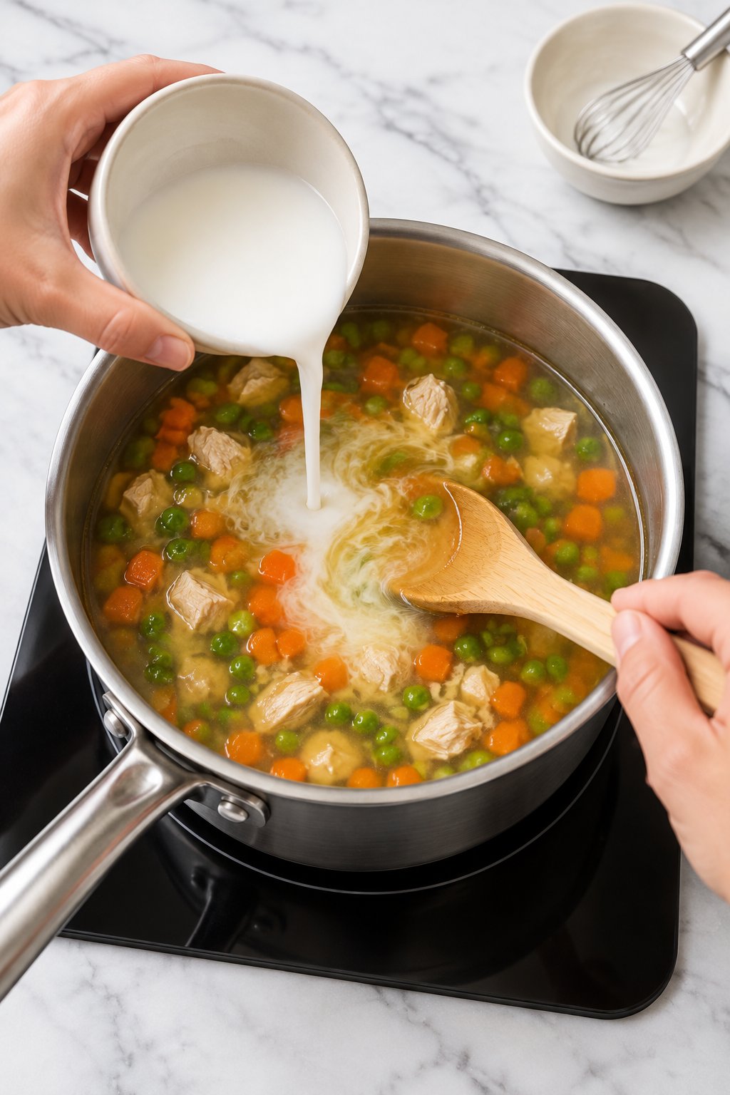 Cornstarch slurry being poured from a small bowl into simmering broth with chicken, carrots and peas.