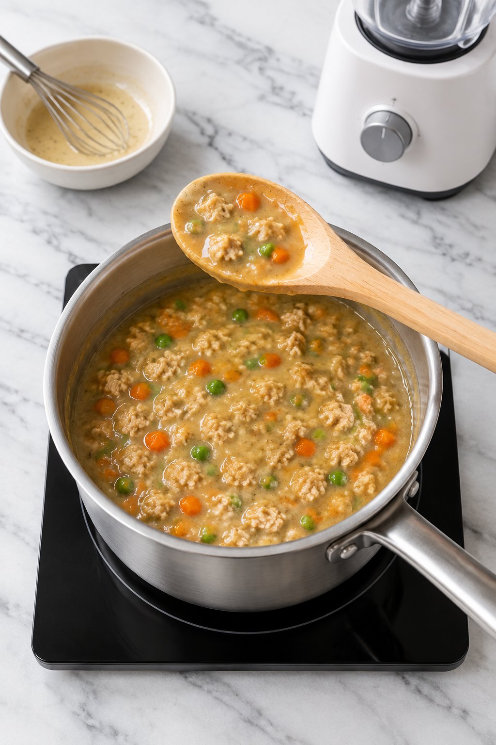 A wooden spoon lifted from a saucepan of lightly thickened, glossy chicken, carrot and pea mixture.